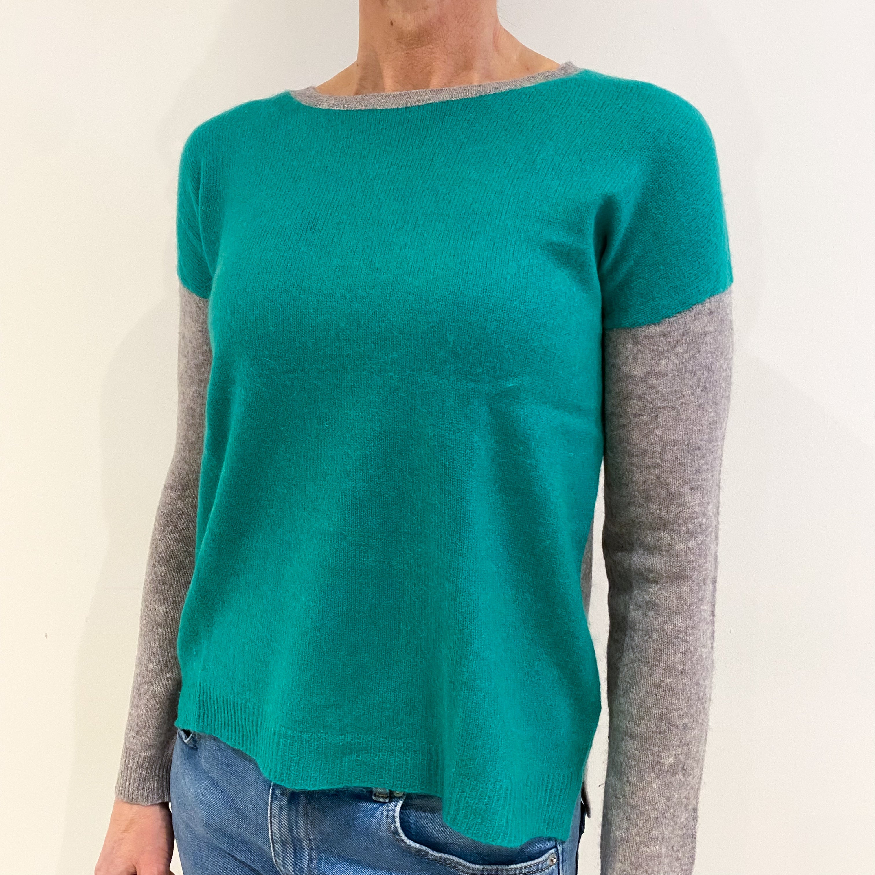Jade Green and Smoke Grey Cashmere Crew Neck Jumper Small