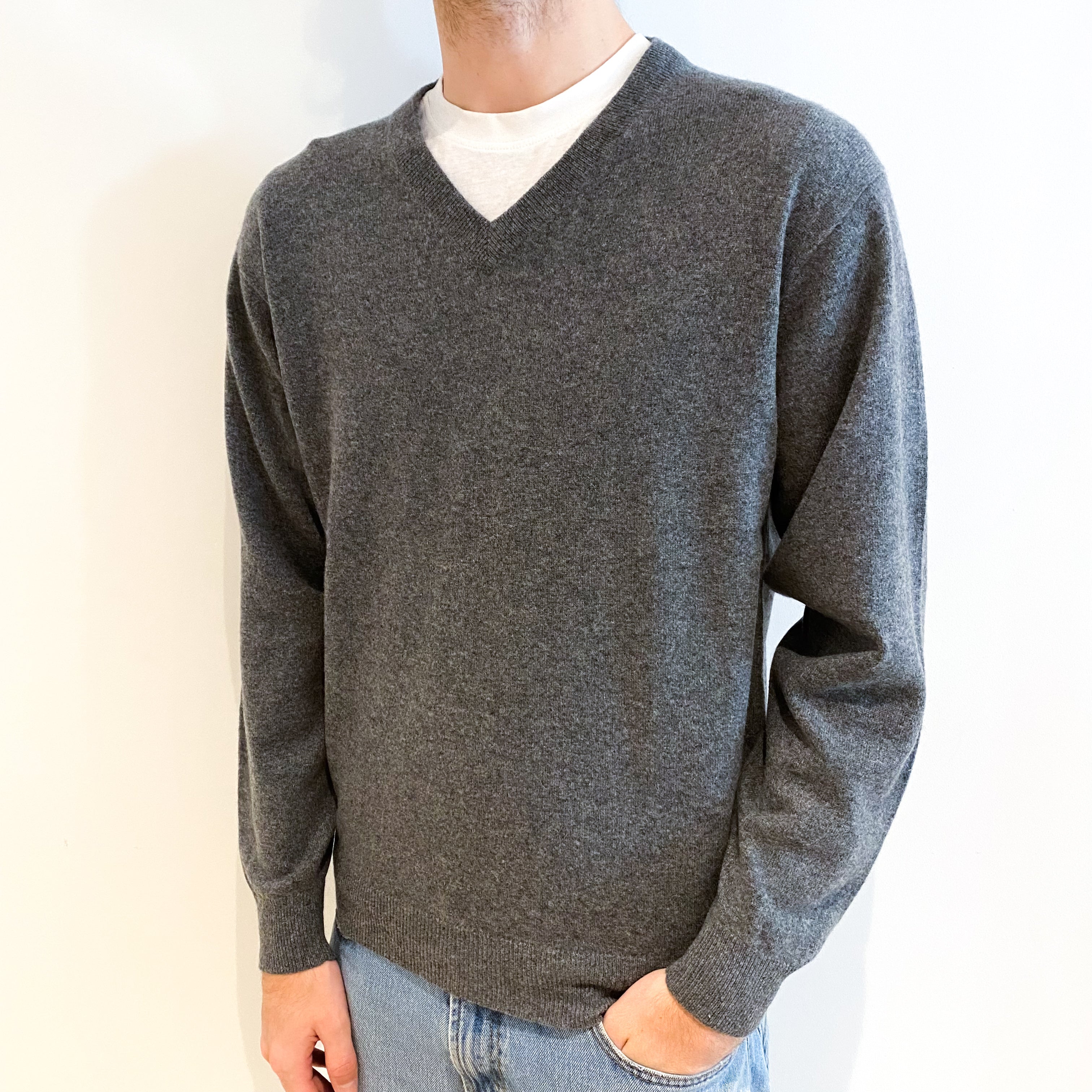 Men's Slate Grey Cashmere V Neck Jumper Large