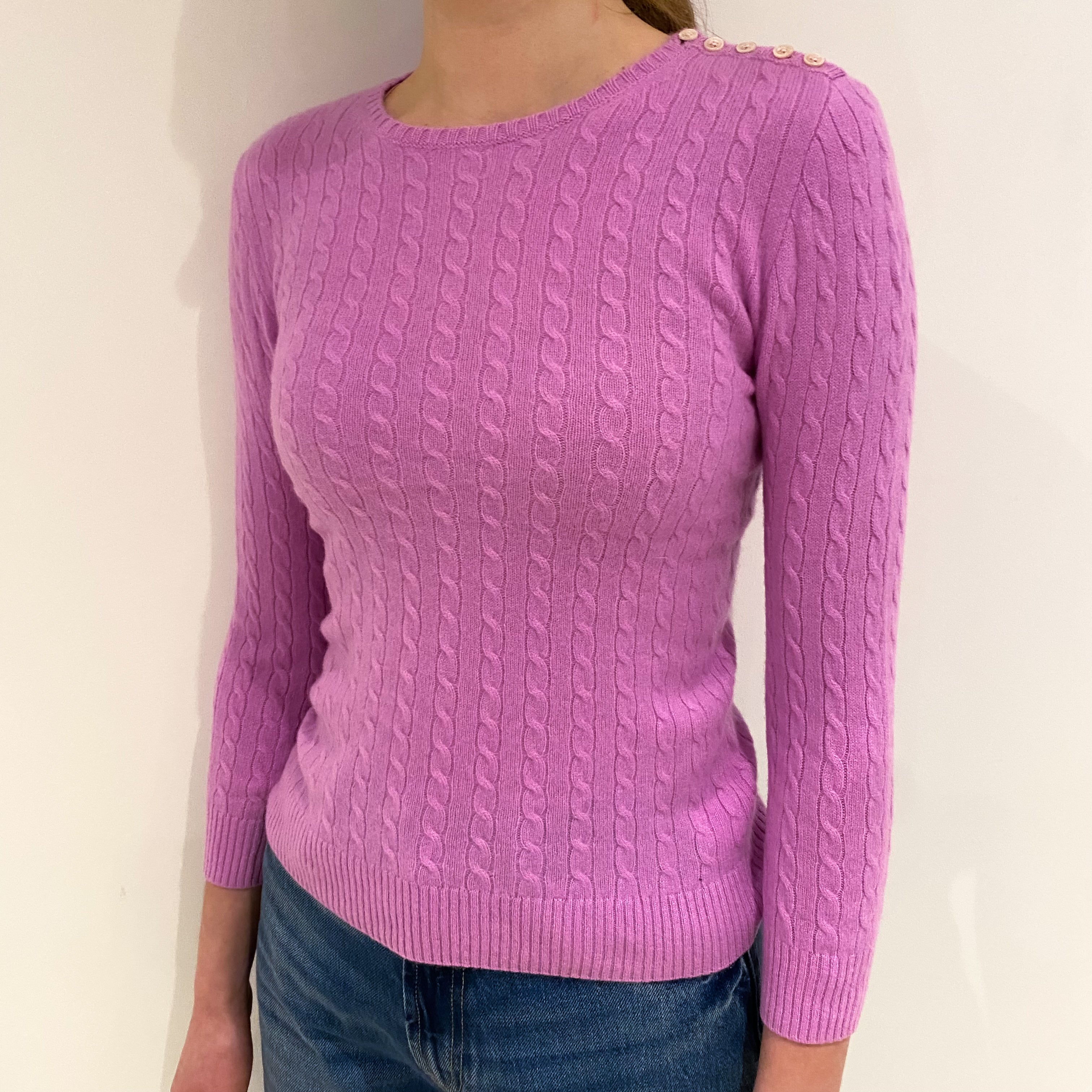 Deep Mauve Pink Cable Cashmere Crew Neck Jumper Extra Small