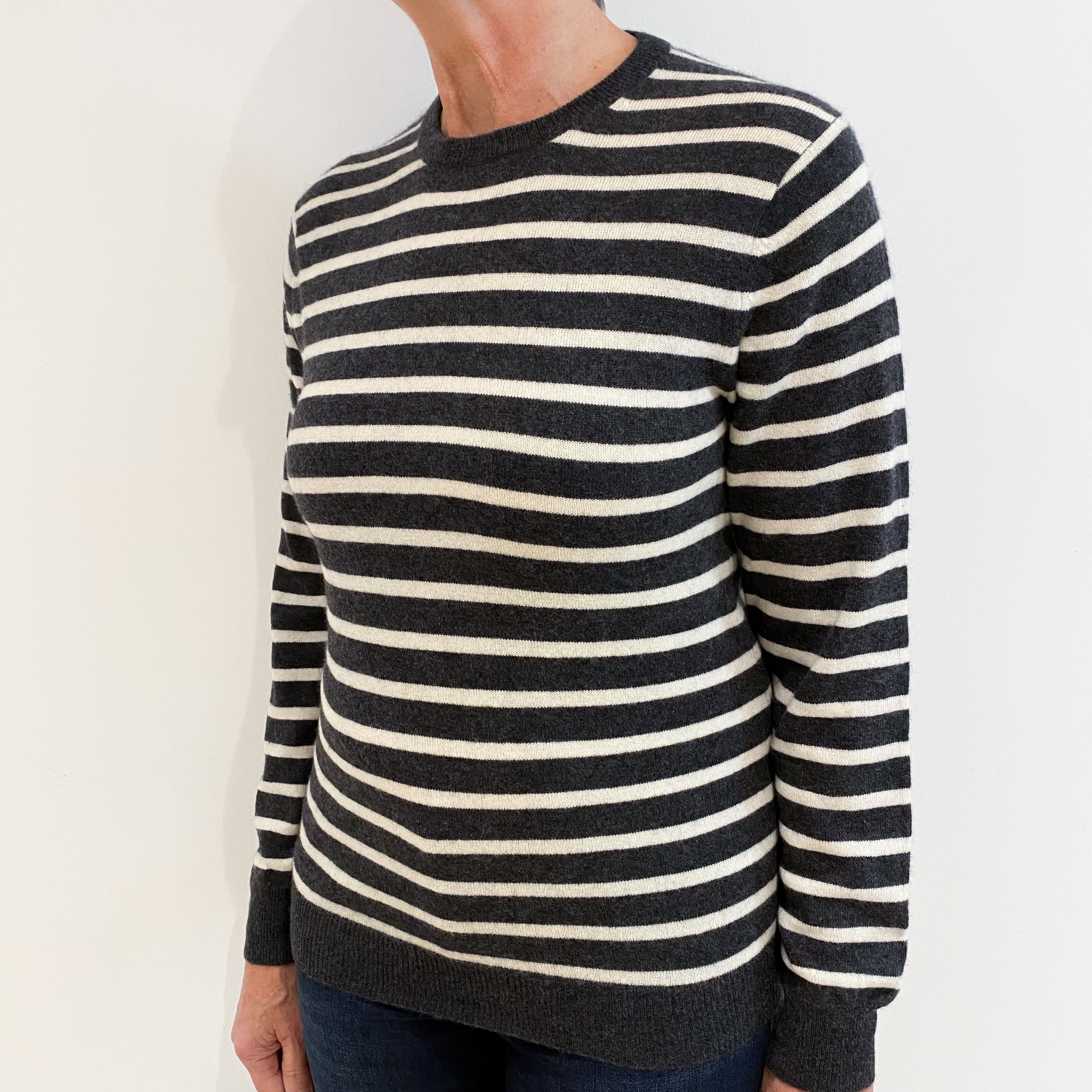 Charcoal Grey Ivory Stripe Cashmere Crew Neck Jumper Medium