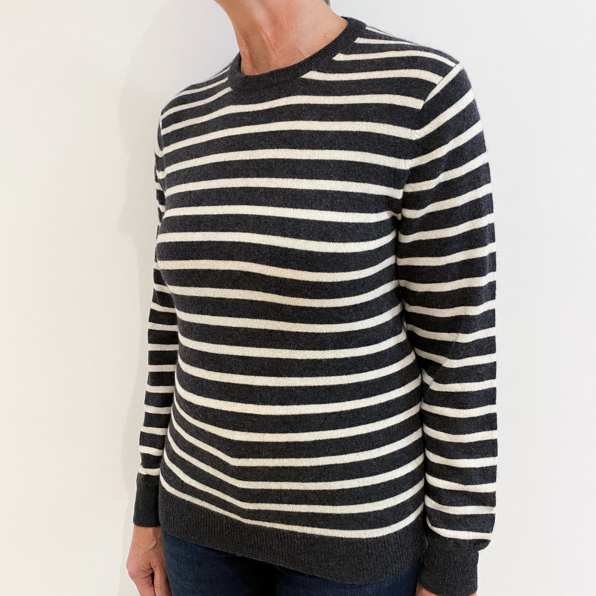 Charcoal Grey Ivory Stripe Cashmere Crew Neck Jumper Medium