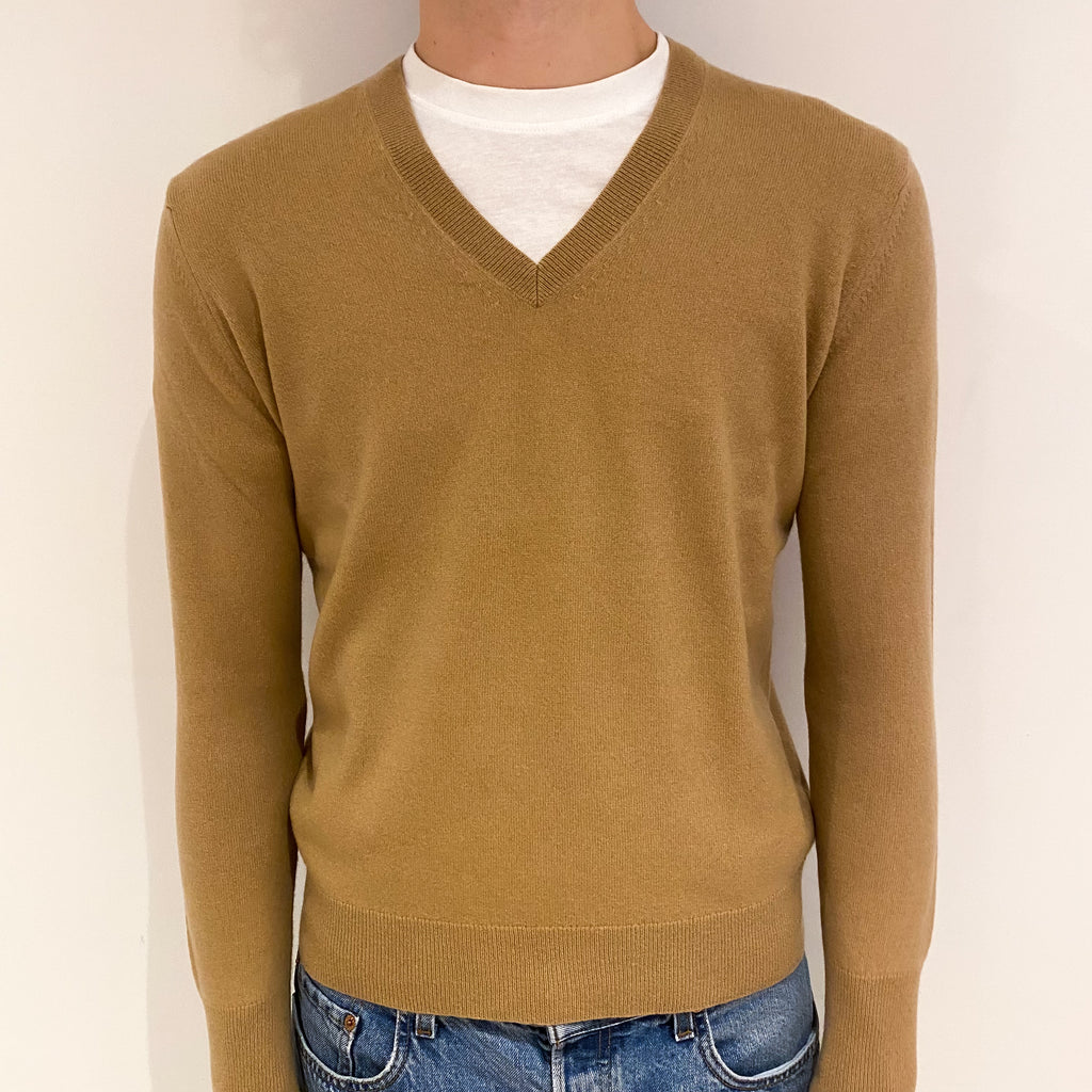 Men's Camel Brown Cashmere V Neck Jumper Large