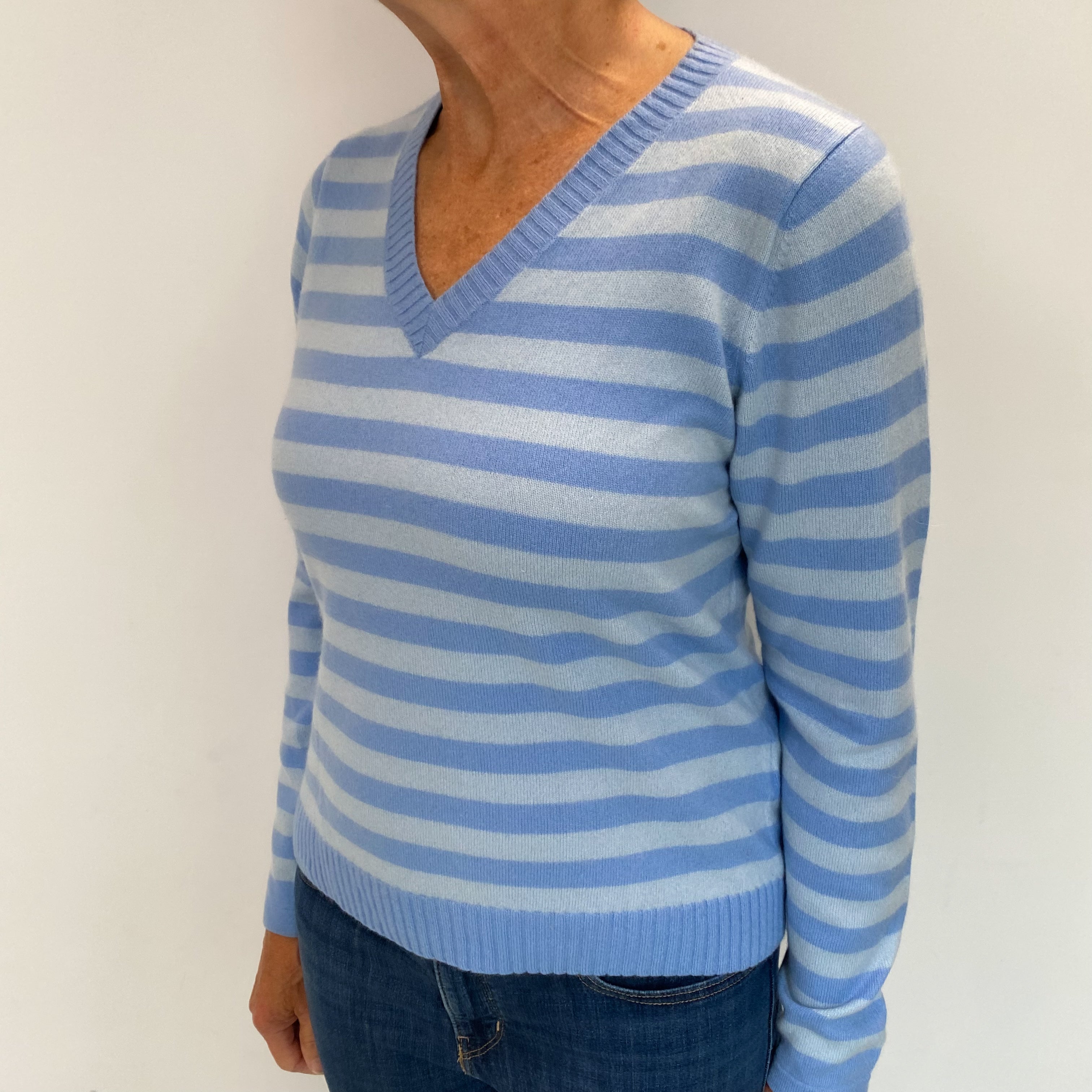 Cornflower Blue Striped Cashmere V Neck Jumper Medium