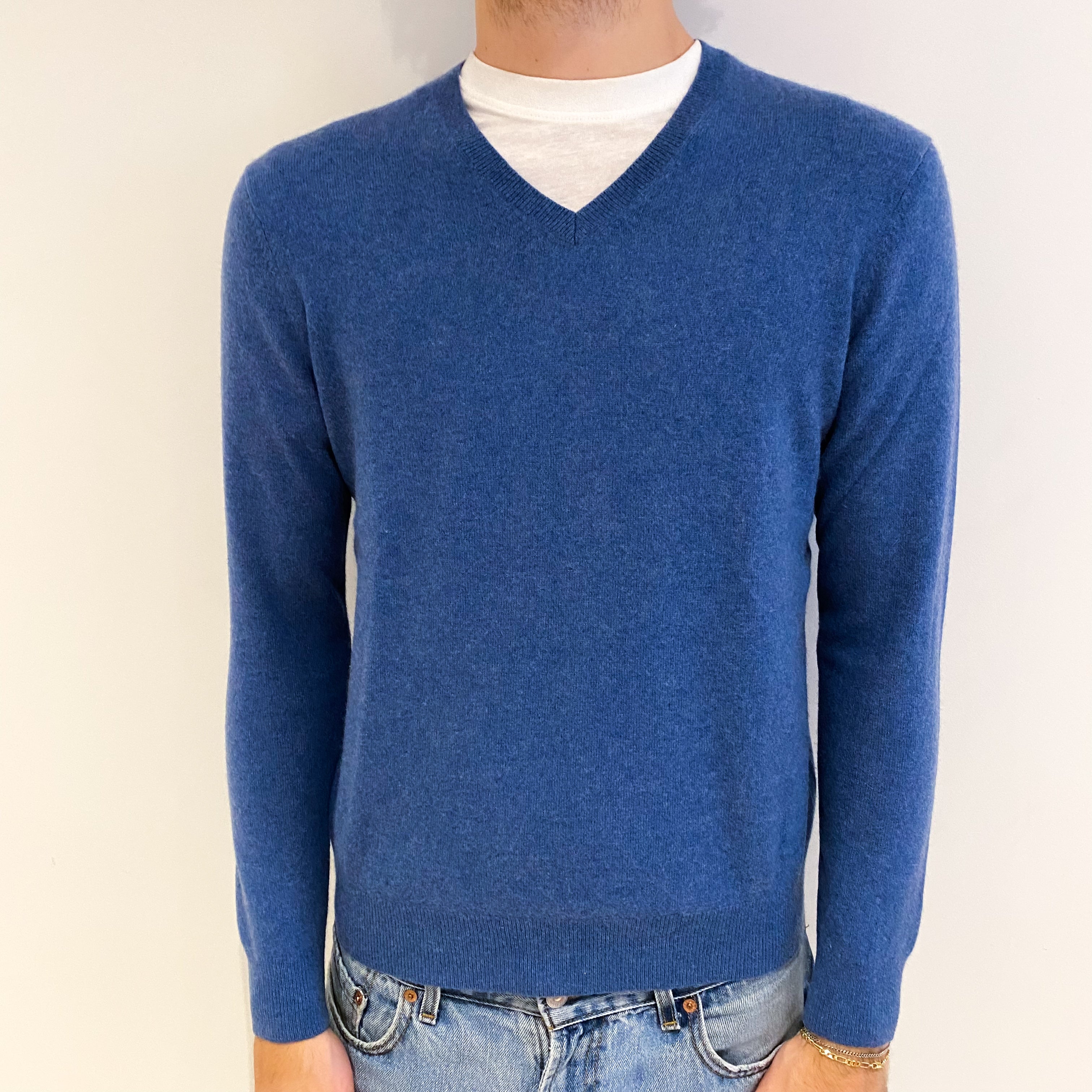 Men's Denim Blue Cashmere V Neck Jumper Medium