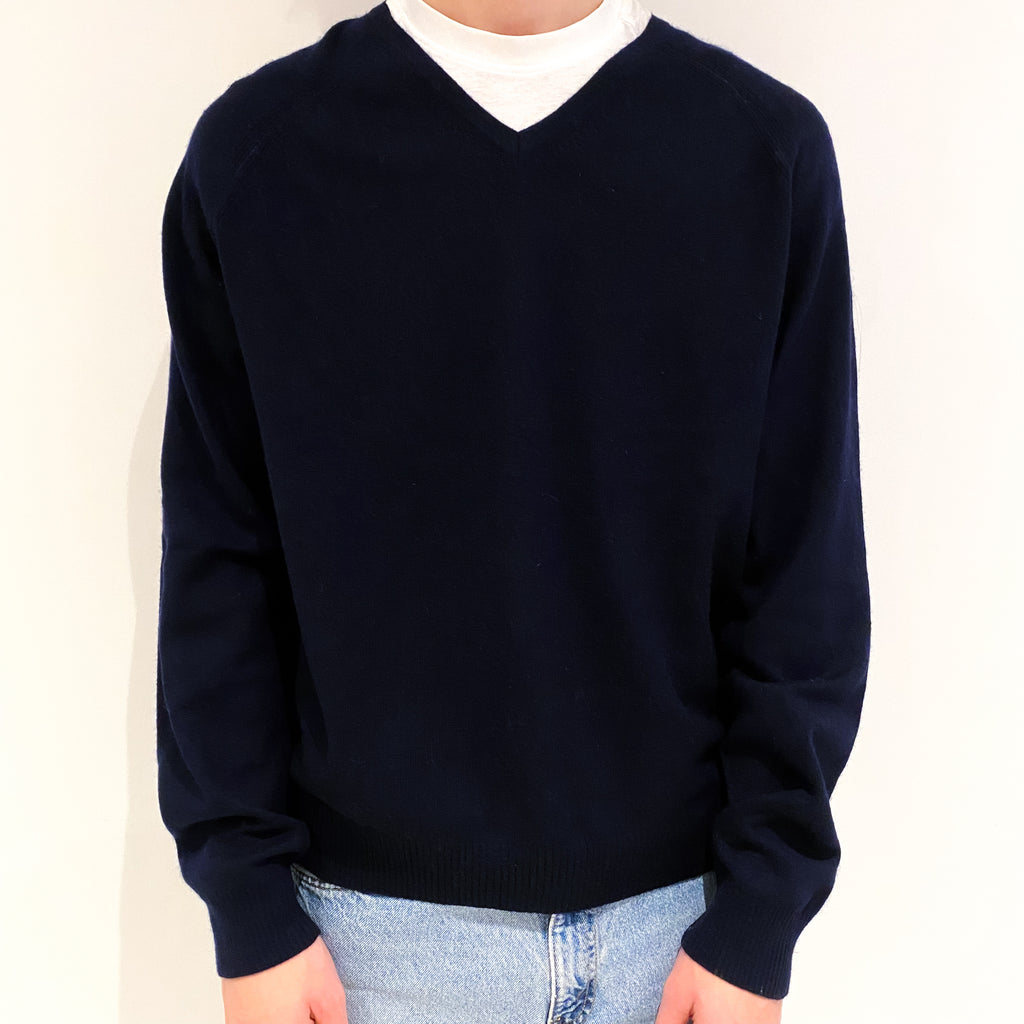 Men's Navy Blue Cashmere V-Neck Jumper Large