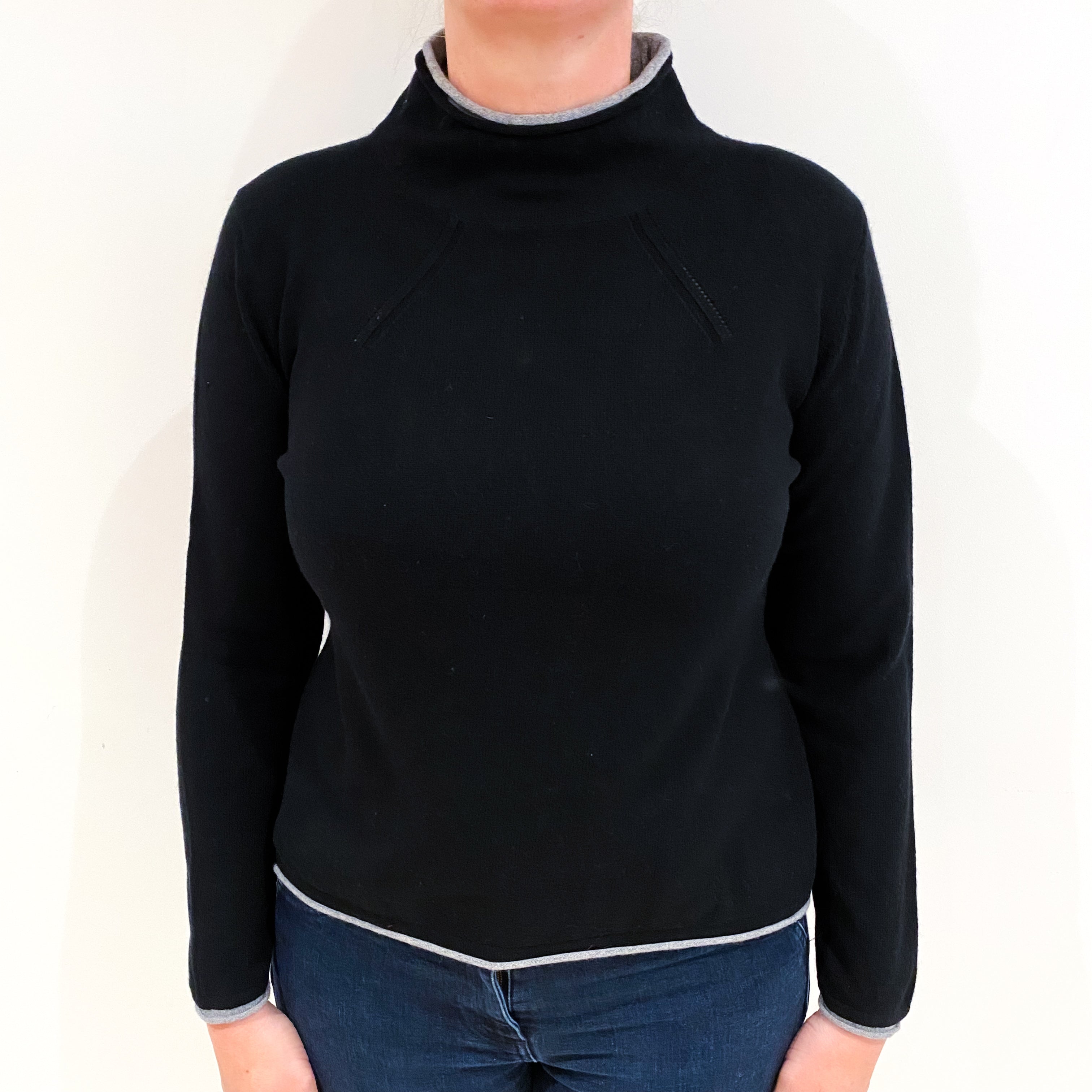 Black Grey Trim Cashmere Funnel Neck Jumper Large