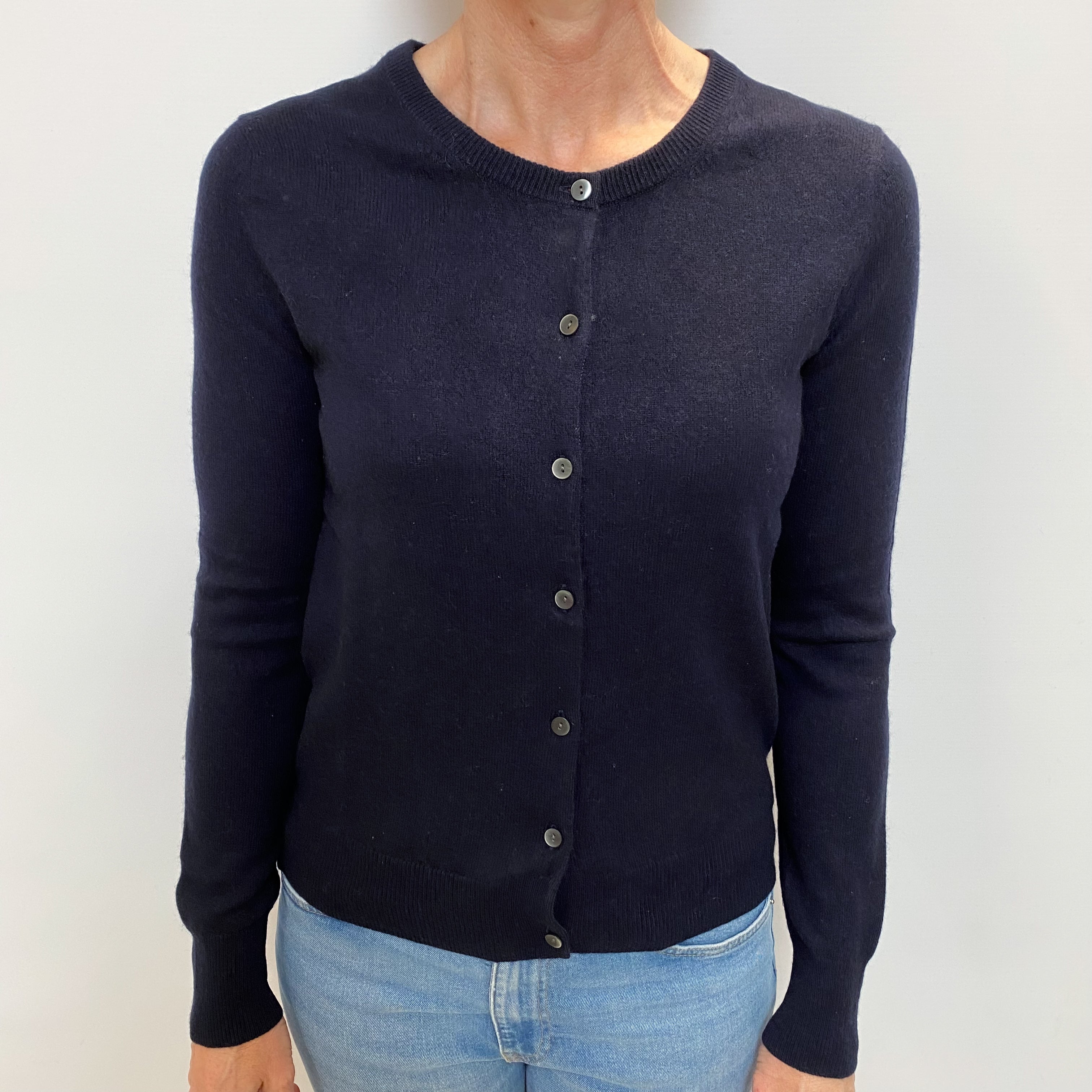 Navy Blue Cashmere Crew Neck Cardigan Small