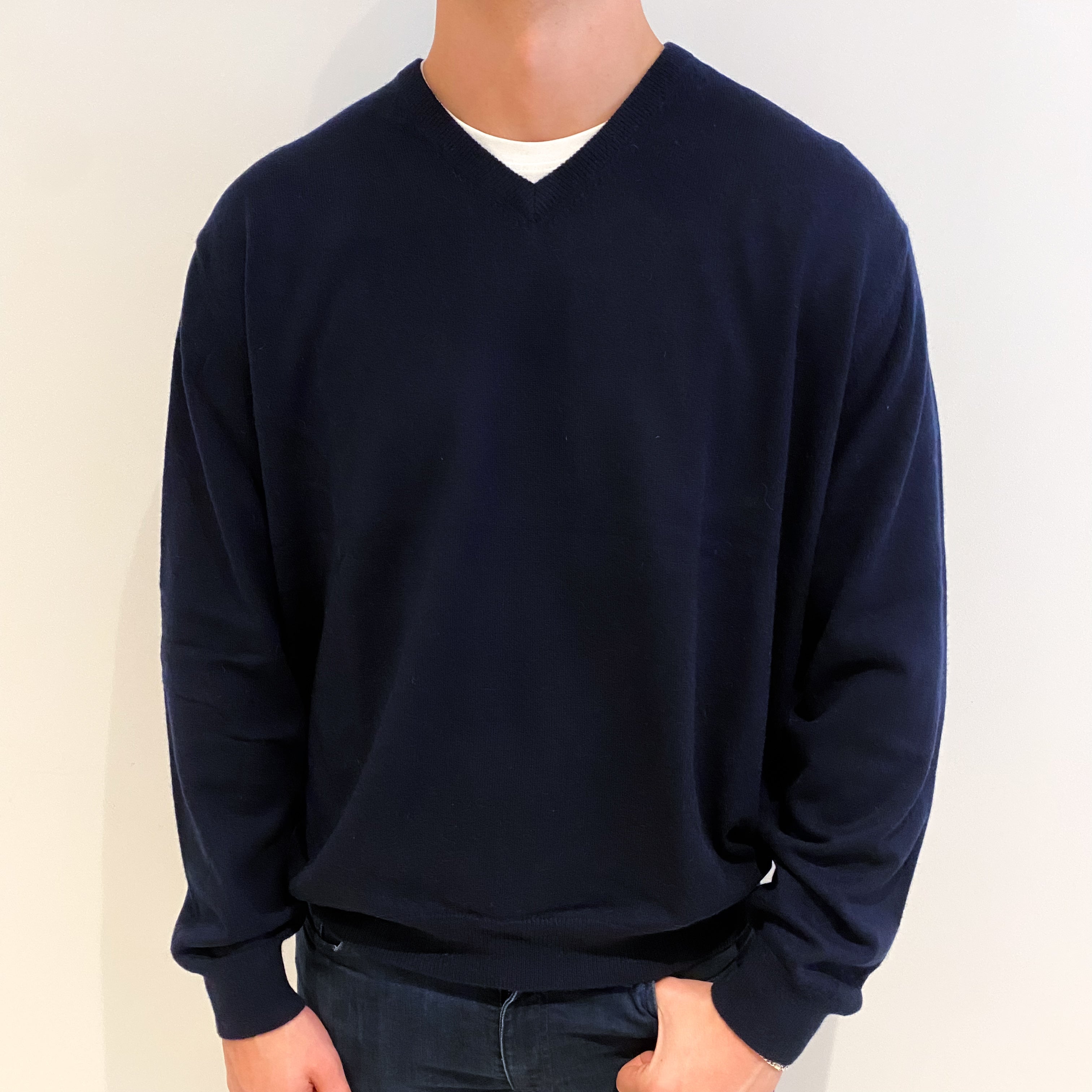 Men's Dark Navy Blue Cashmere V Neck Jumper XXXXL
