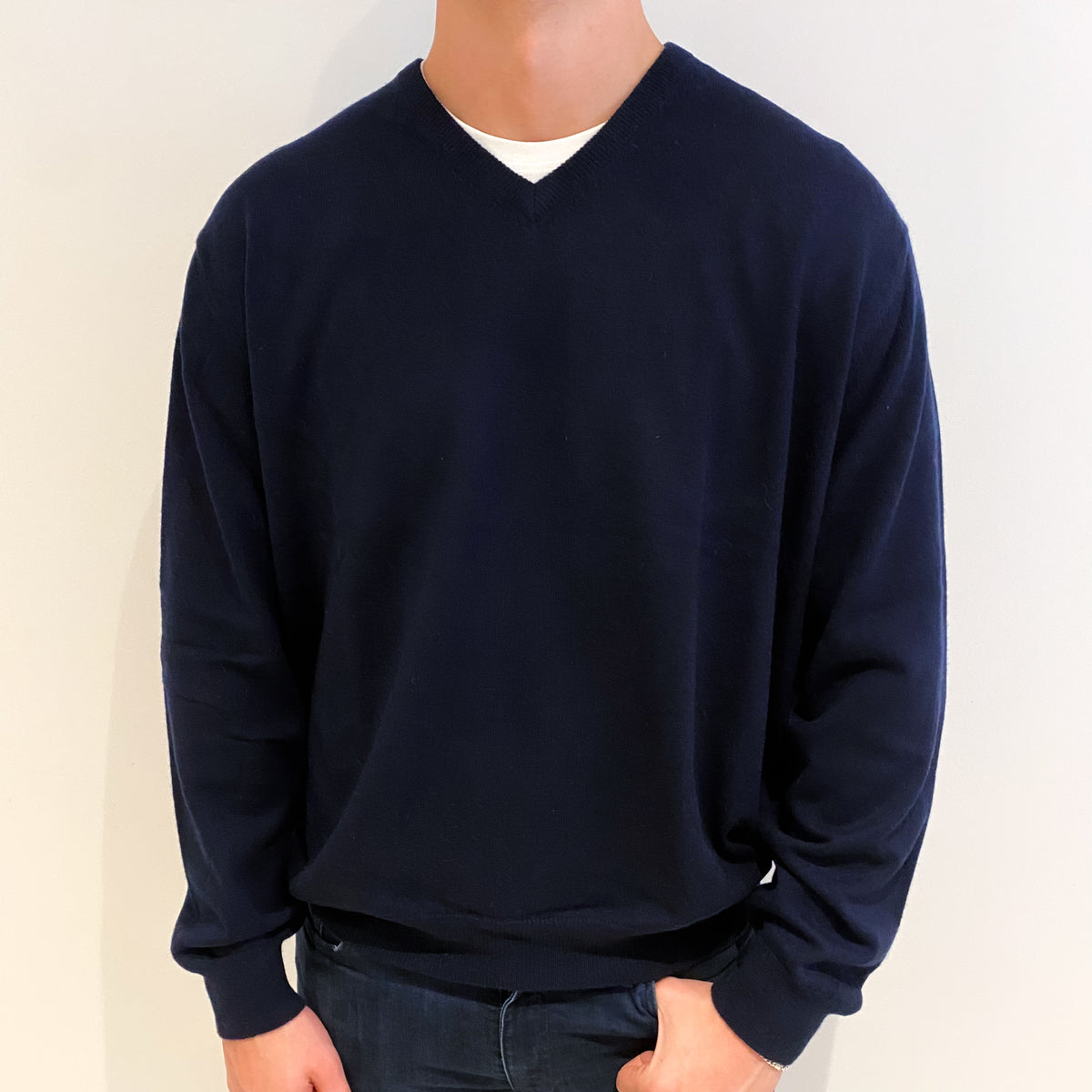 Men's Dark Navy Blue Cashmere V Neck Jumper XXXXL