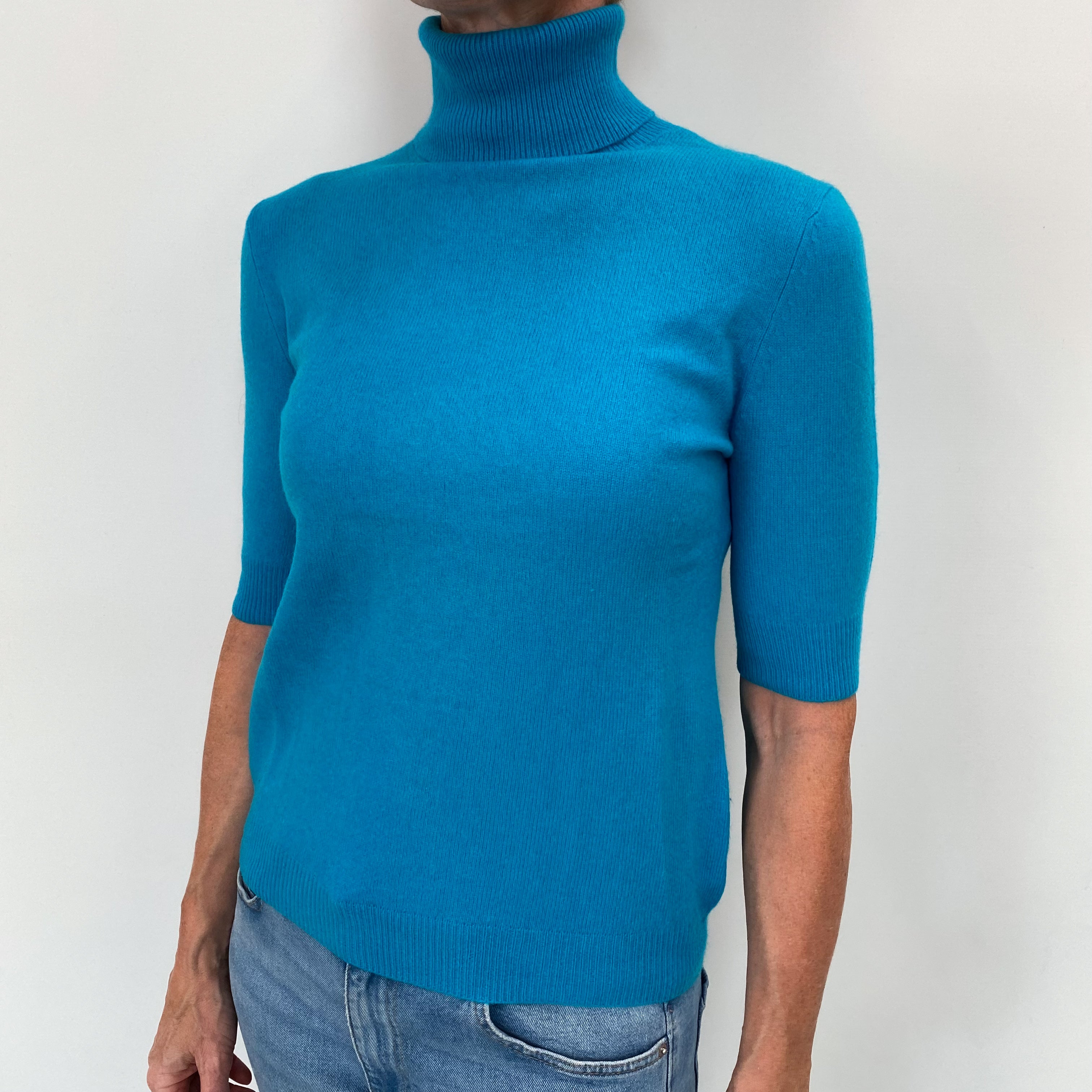 Turquoise Blue Cashmere Polo Neck Short Sleeve Jumper Small