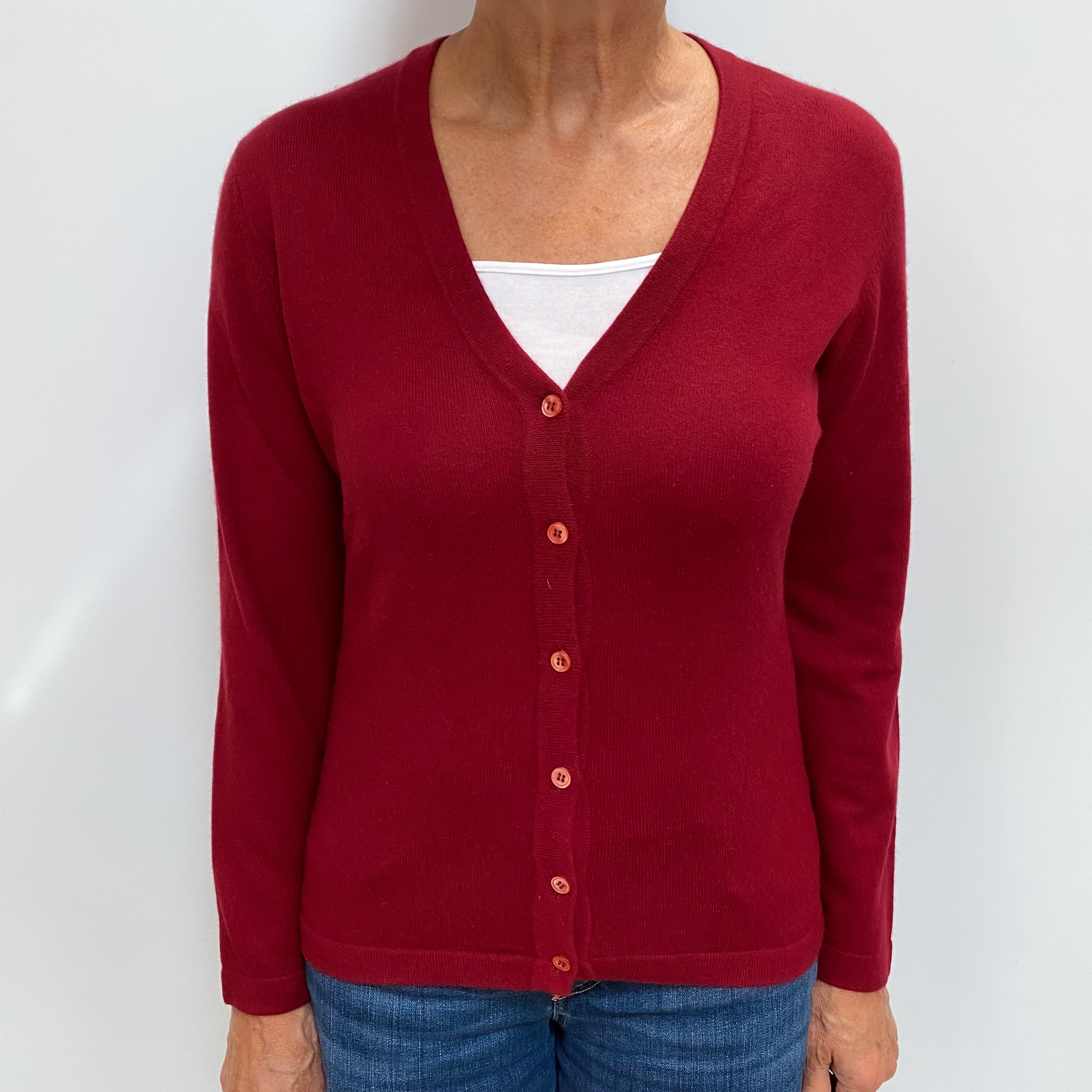 Burgundy Red Cashmere V Neck Cardigan Medium