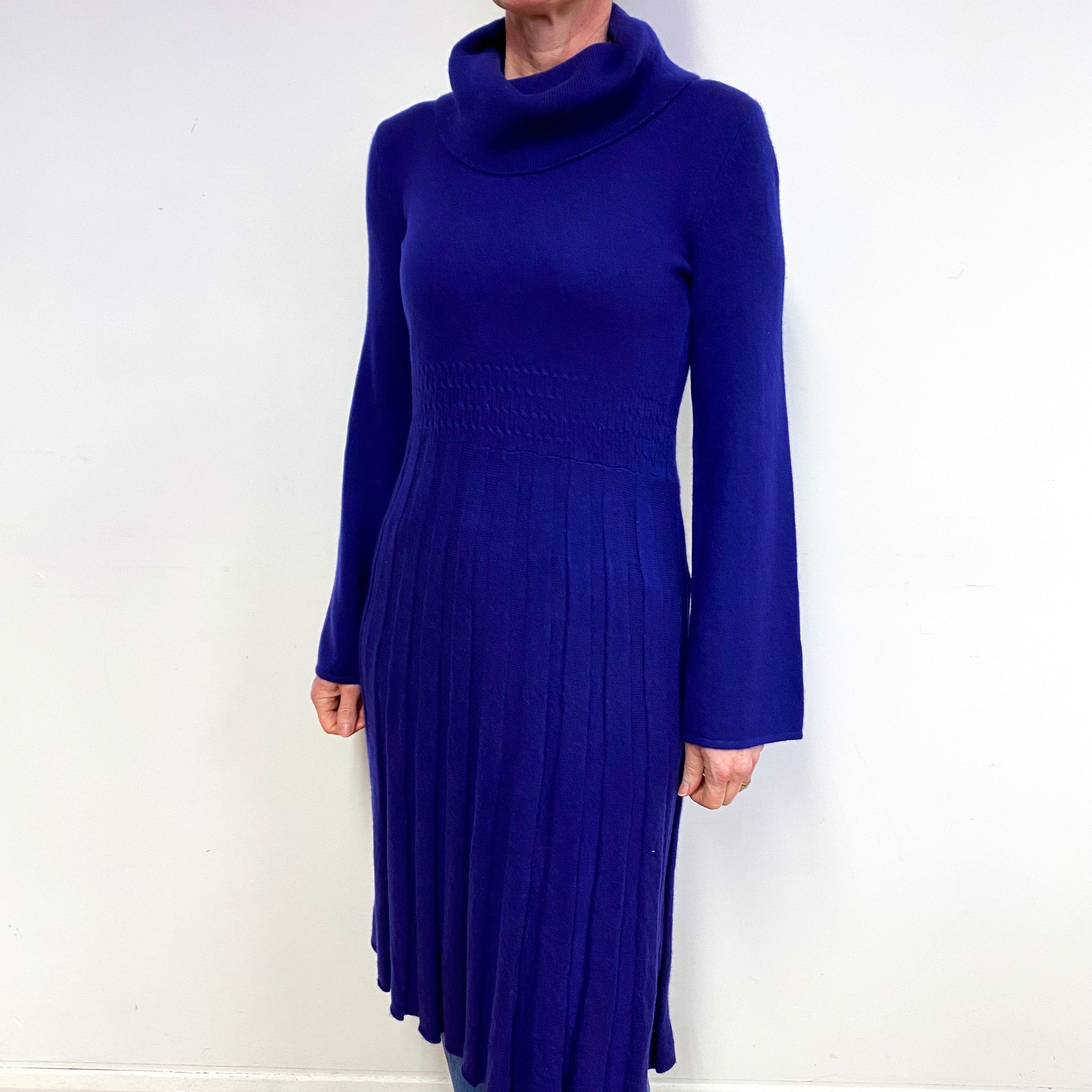 Indigo Blue Cashmere Pleated Polo Neck Dress Medium