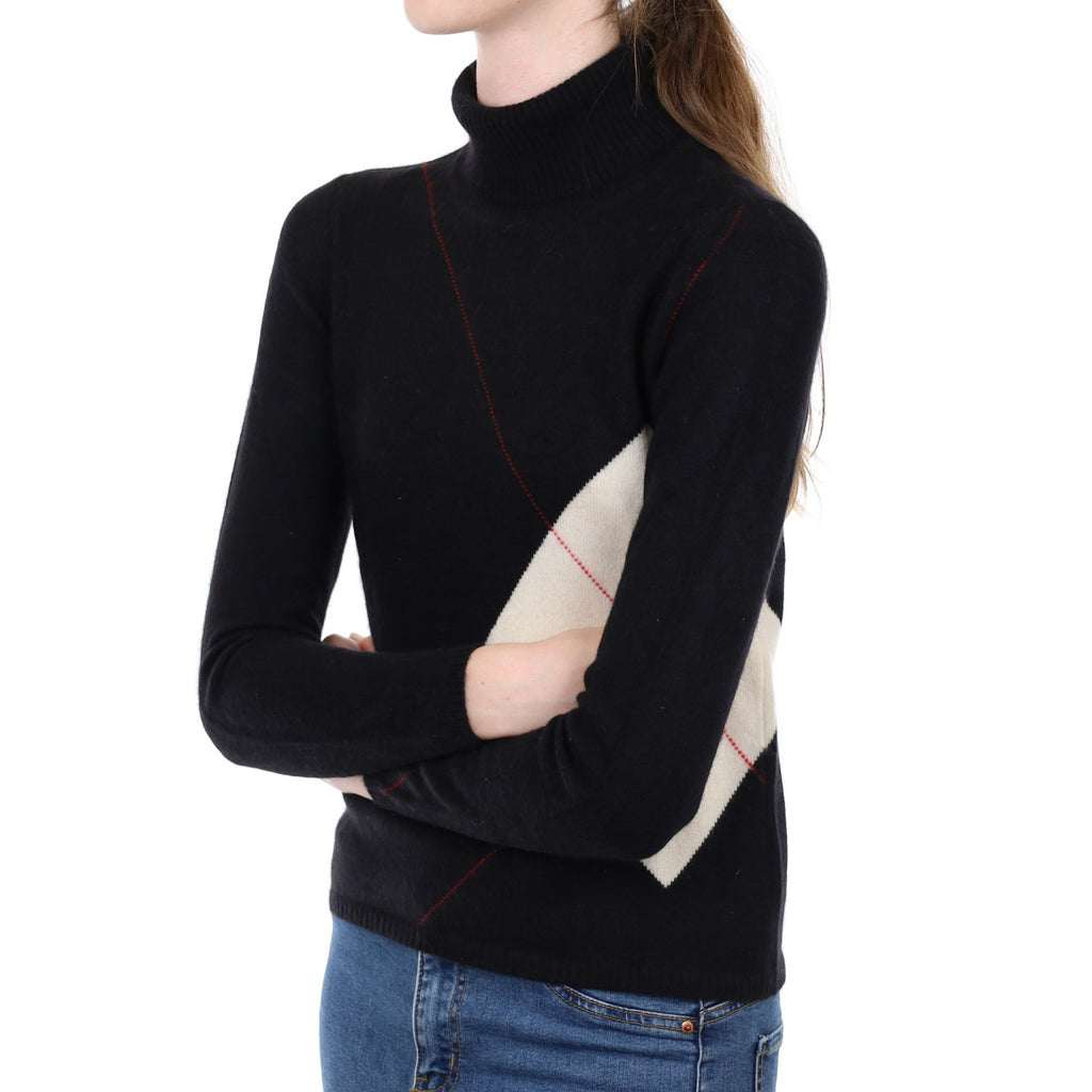Black Patterned Cashmere Polo Neck Jumper Extra Small