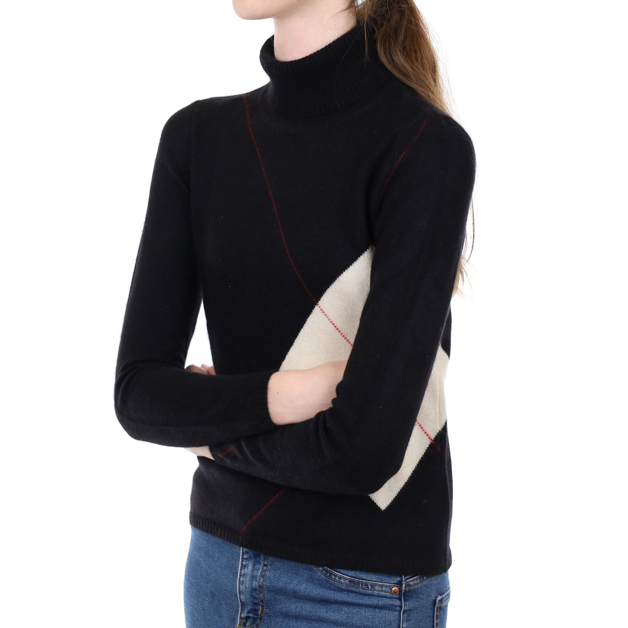 Black Patterned Cashmere Polo Neck Jumper Extra Small