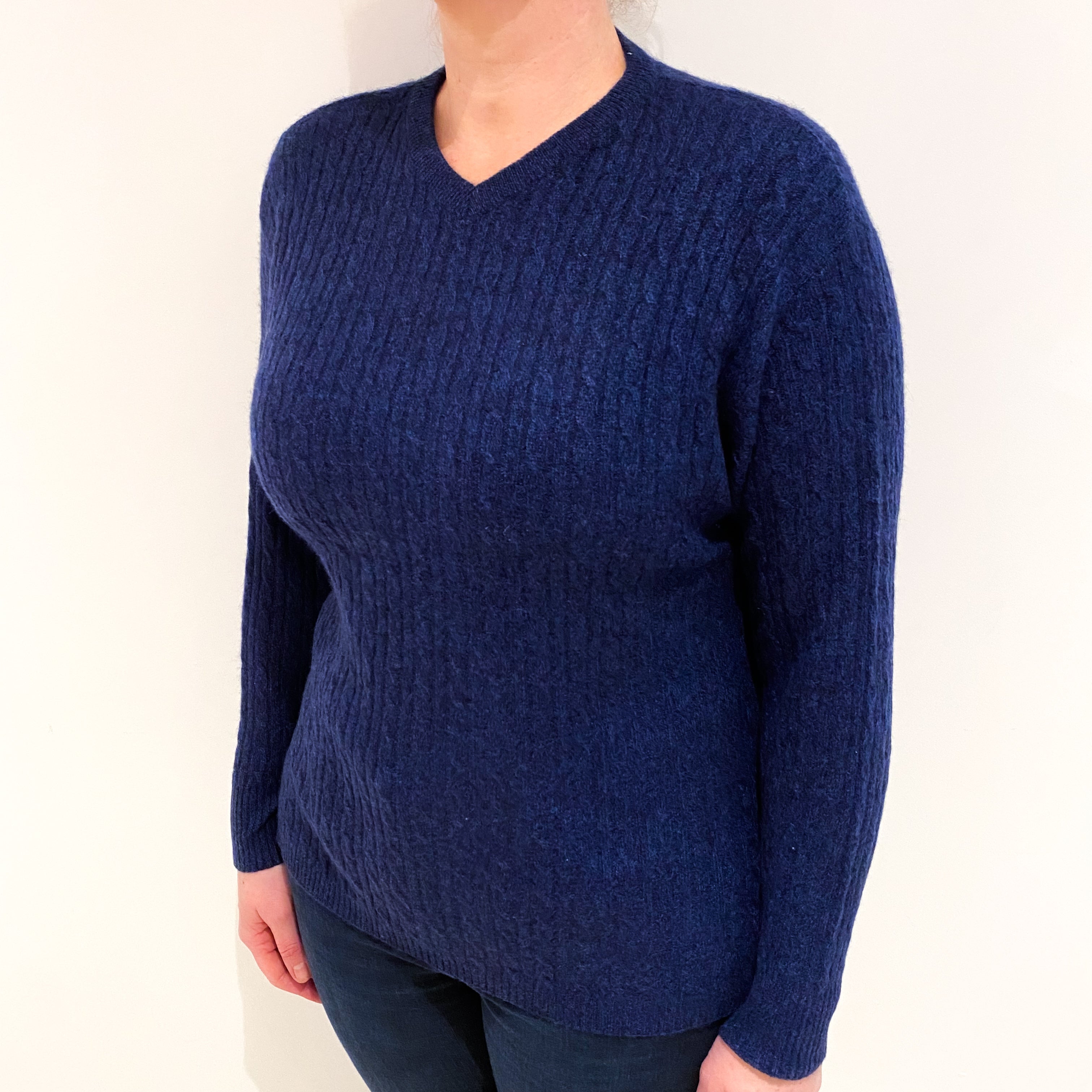 Midnight Blue Marl Cashmere V Neck Jumper Large