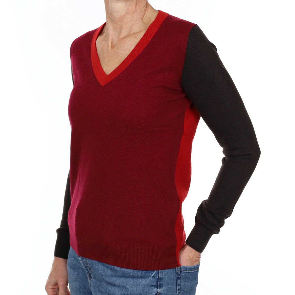 Burgundy Colour Block Cashmere V Neck Jumper Small