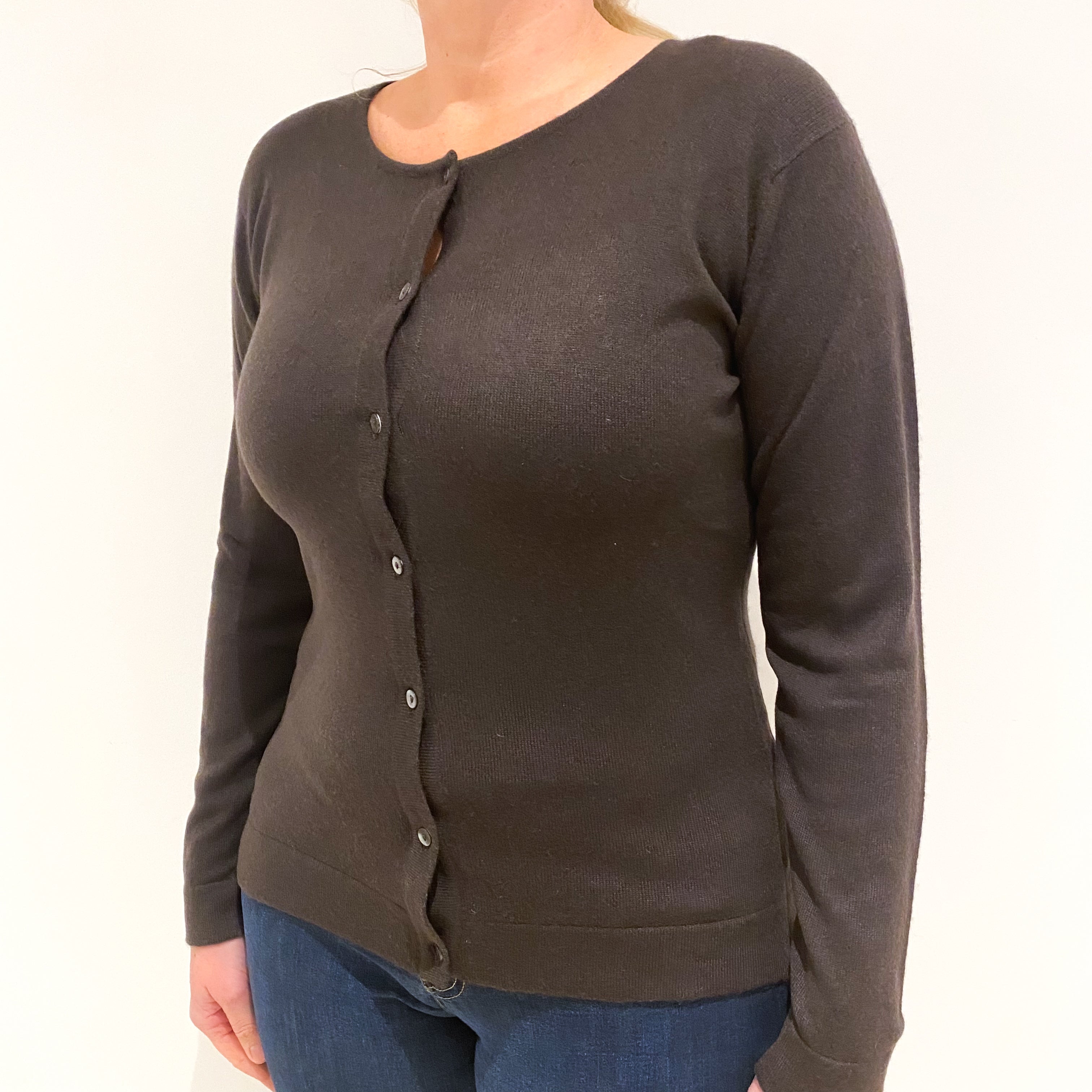 Dark Brown Cashmere Crew Neck Cardigan Large