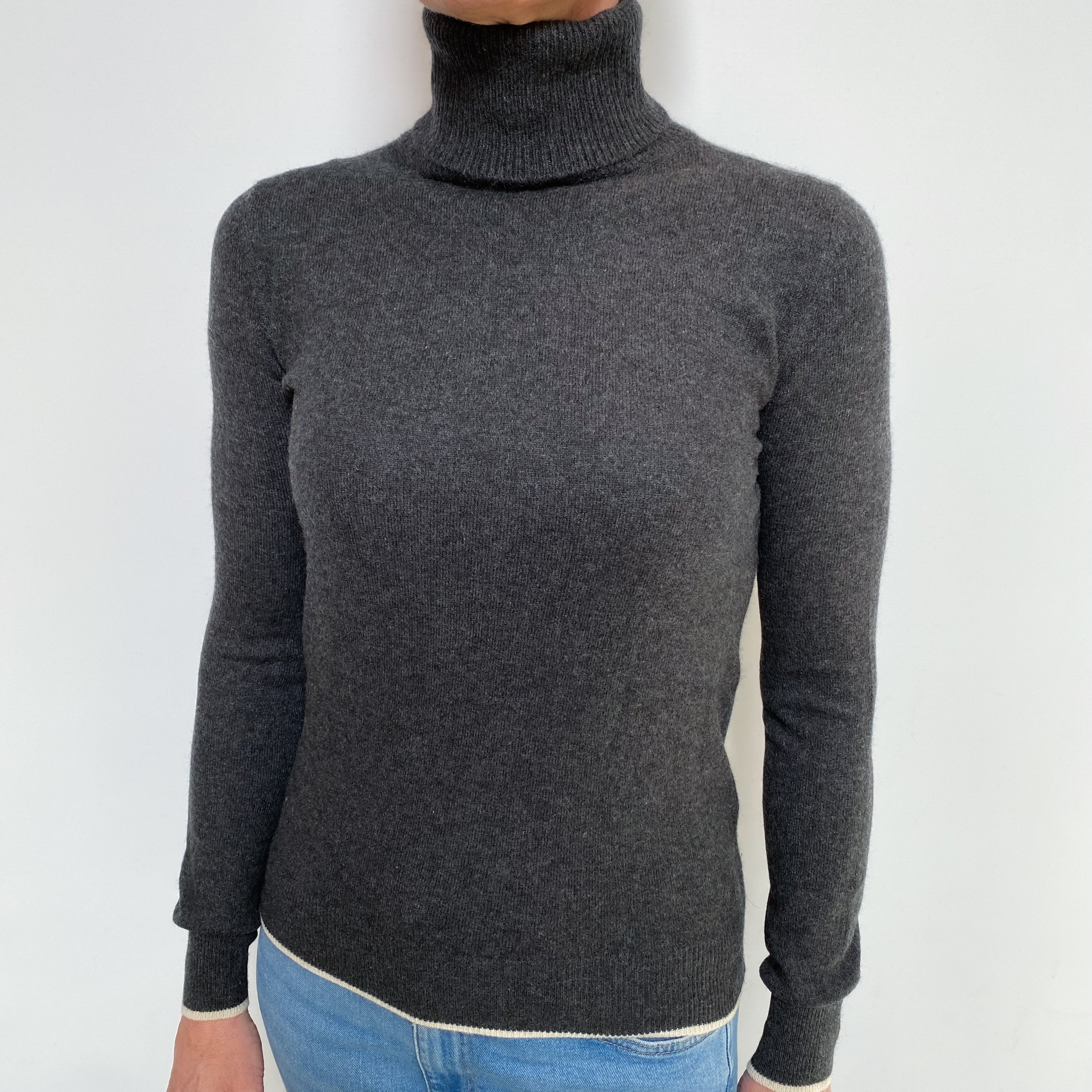 Charcoal Grey Cashmere Polo Neck Jumper Small