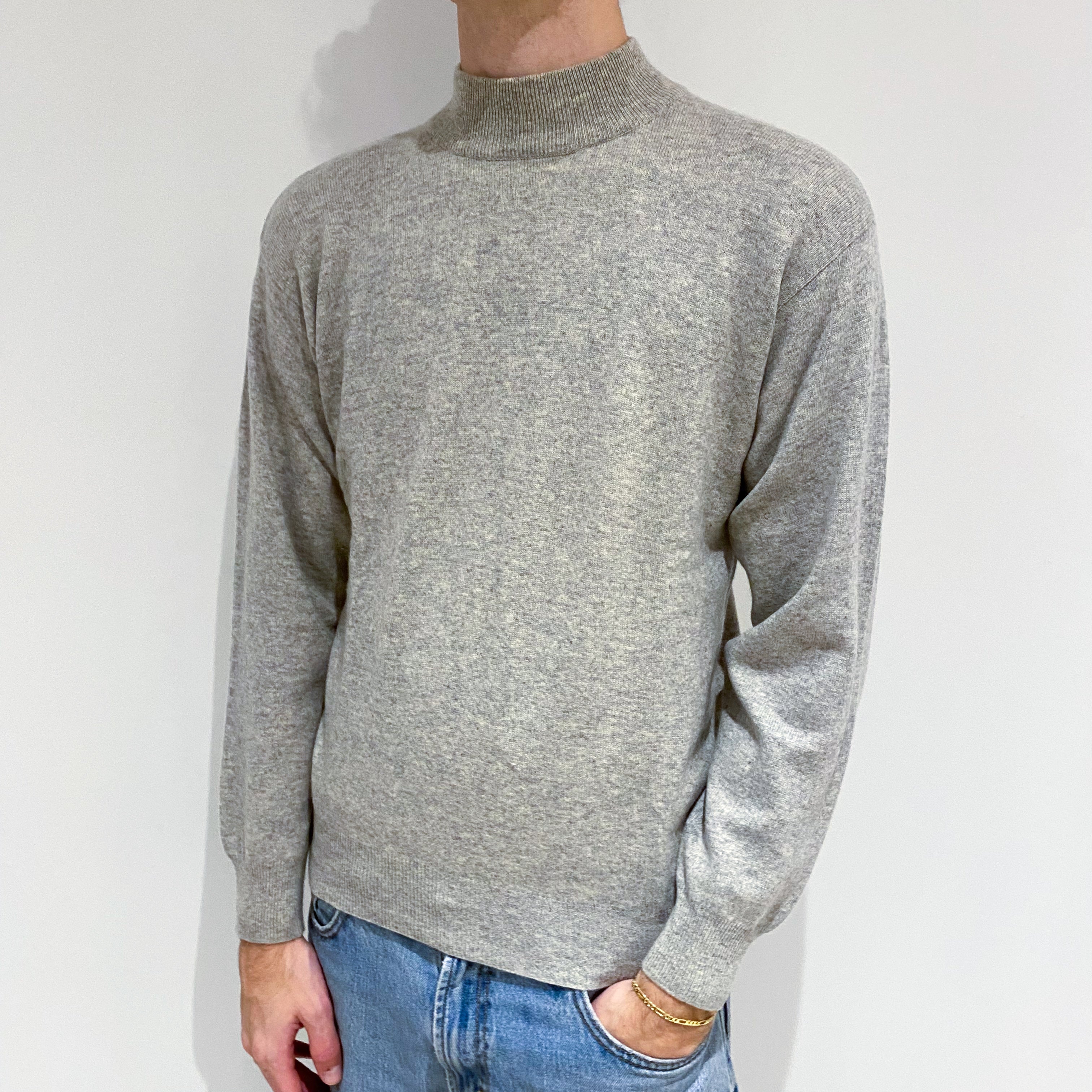 Men's Mist Grey Cashmere Turtle Neck Jumper Large