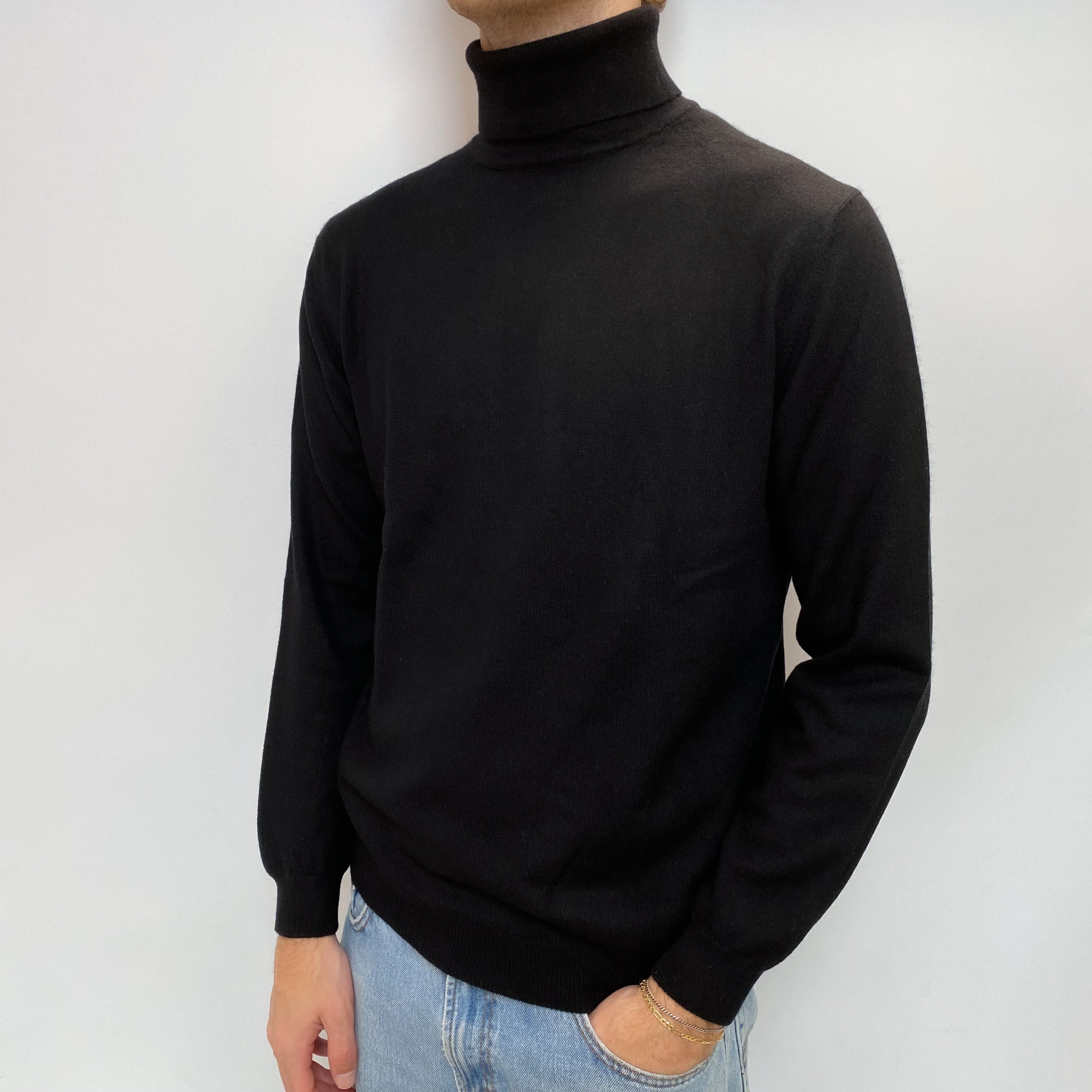 Men's Black Cashmere Polo Neck Jumper Large