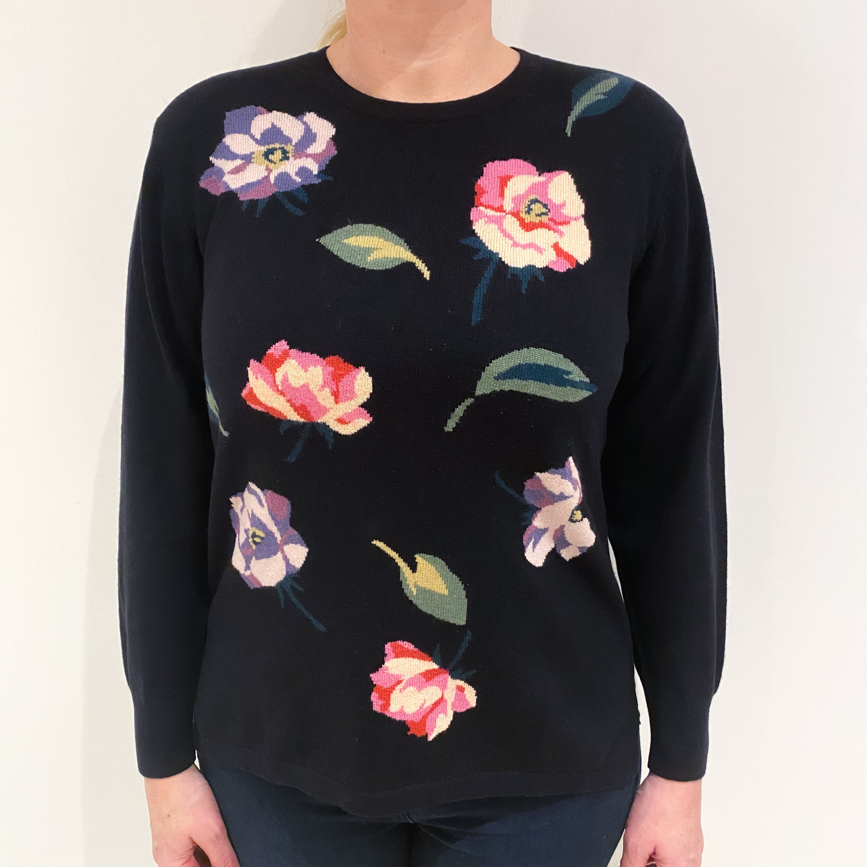 Black Floral Cashmere Crew Neck Jumper Large