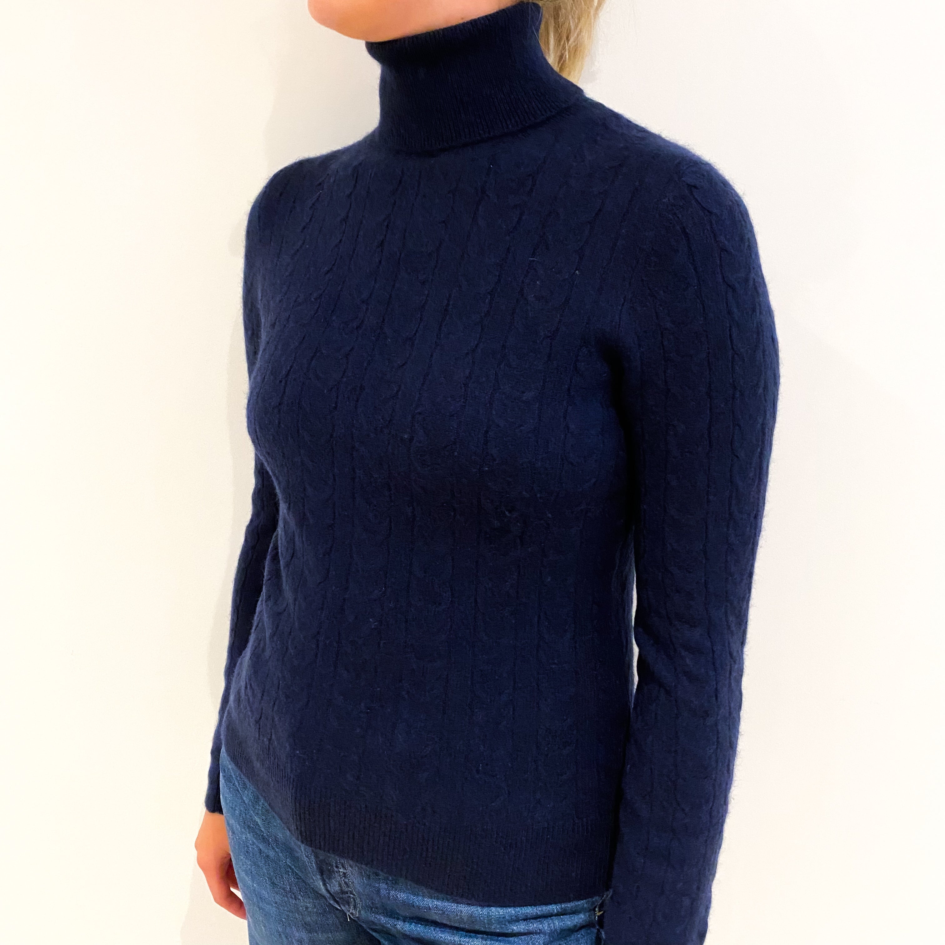 Navy Blue Cable Cashmere Polo Neck Jumper Small