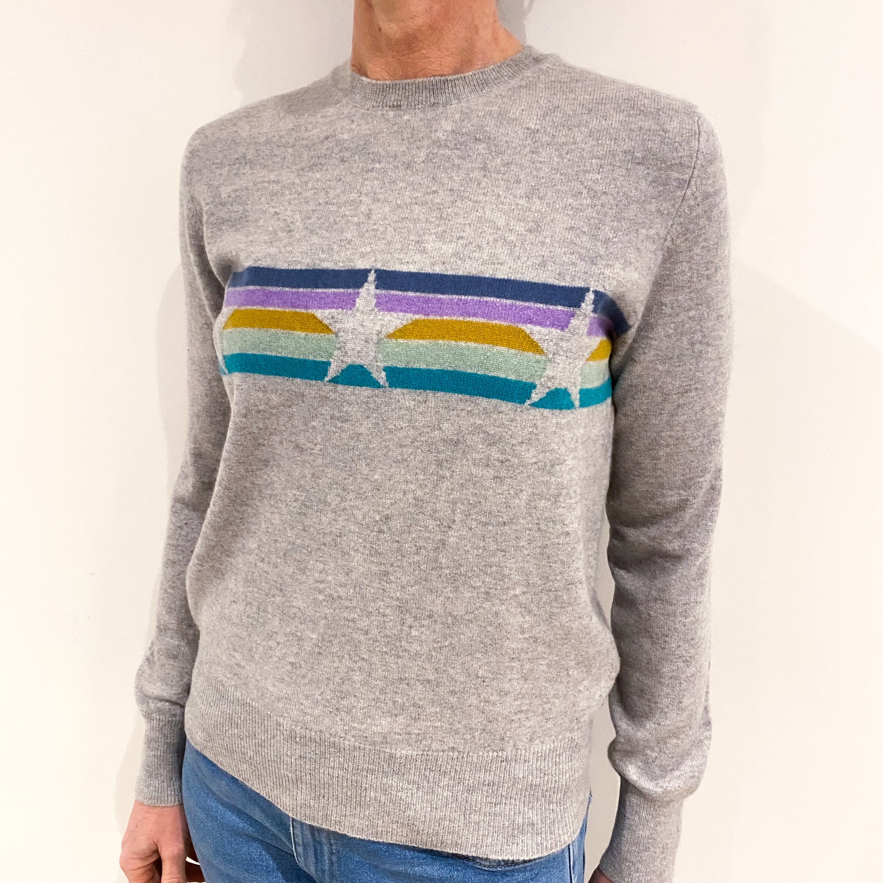 Mist Grey With Stars And Stripe Design Cashmere Crew Neck Jumper Small