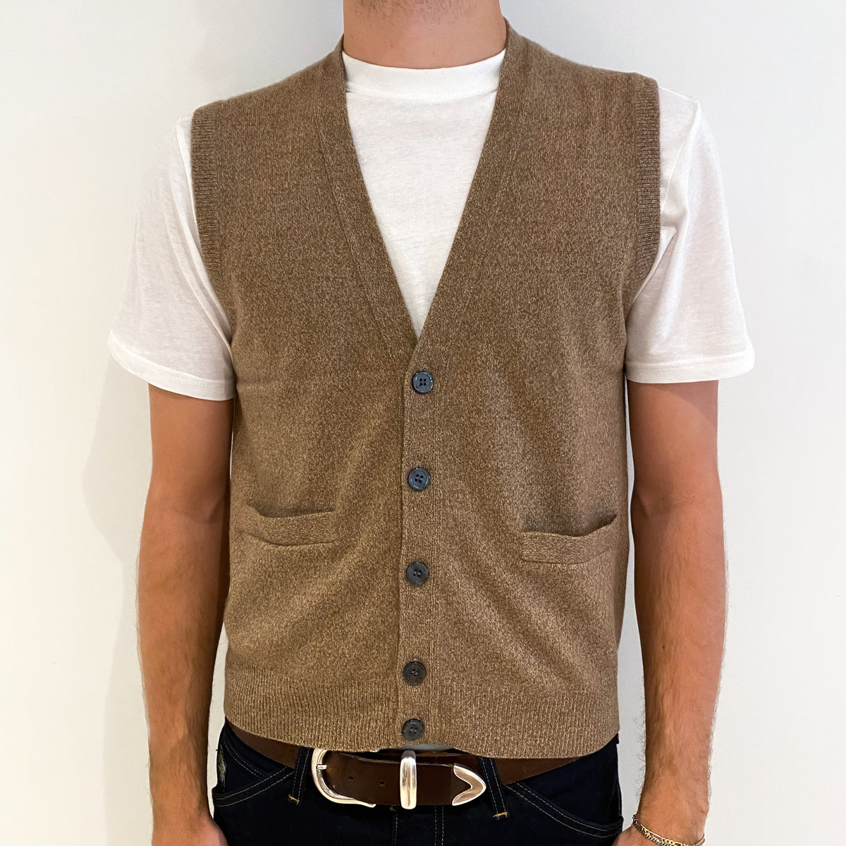 Men's Camel Brown Marl Cashmere V-Neck Gilet Medium