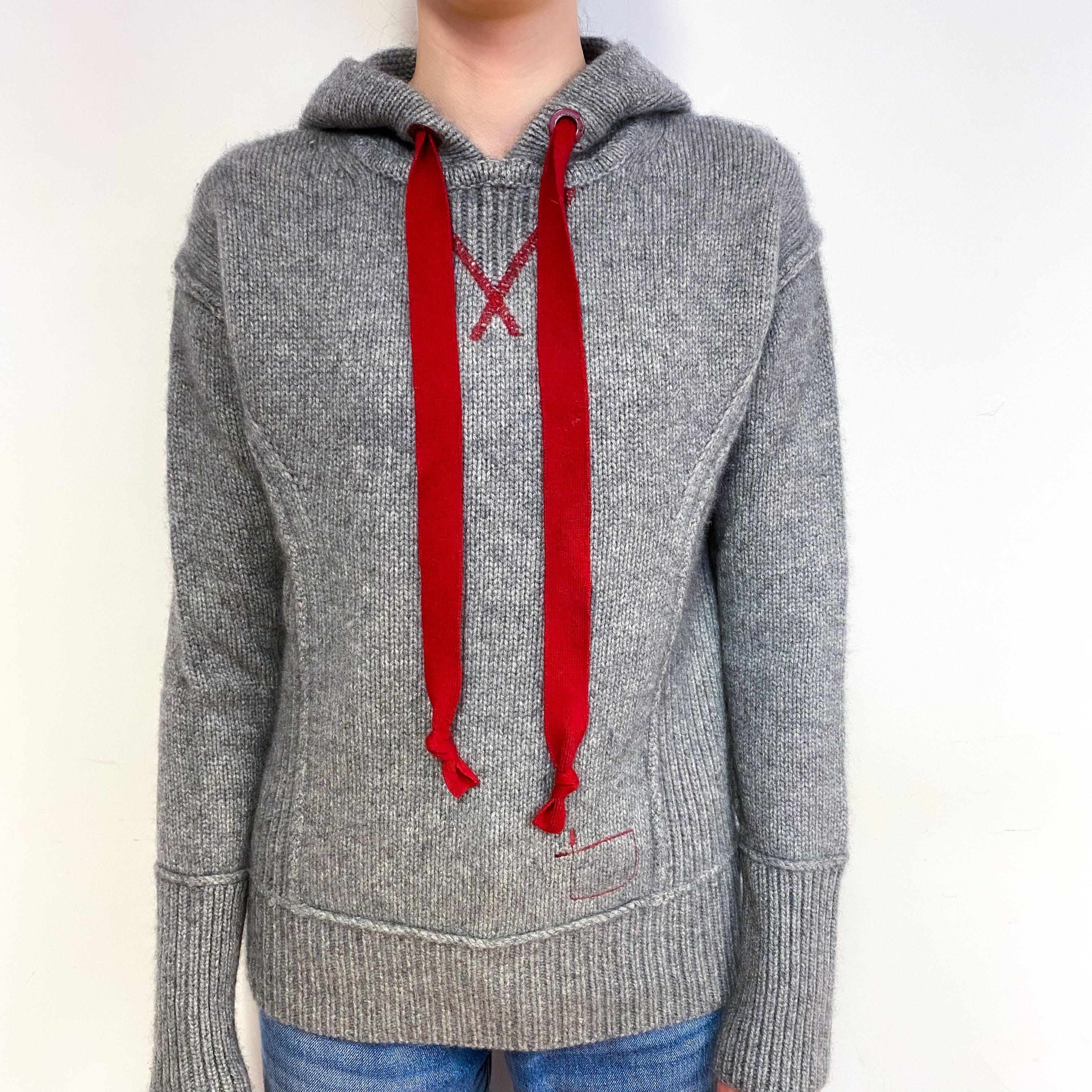 Steel Grey Red Trim Chunky Cashmere Hoodie Jumper Extra Small