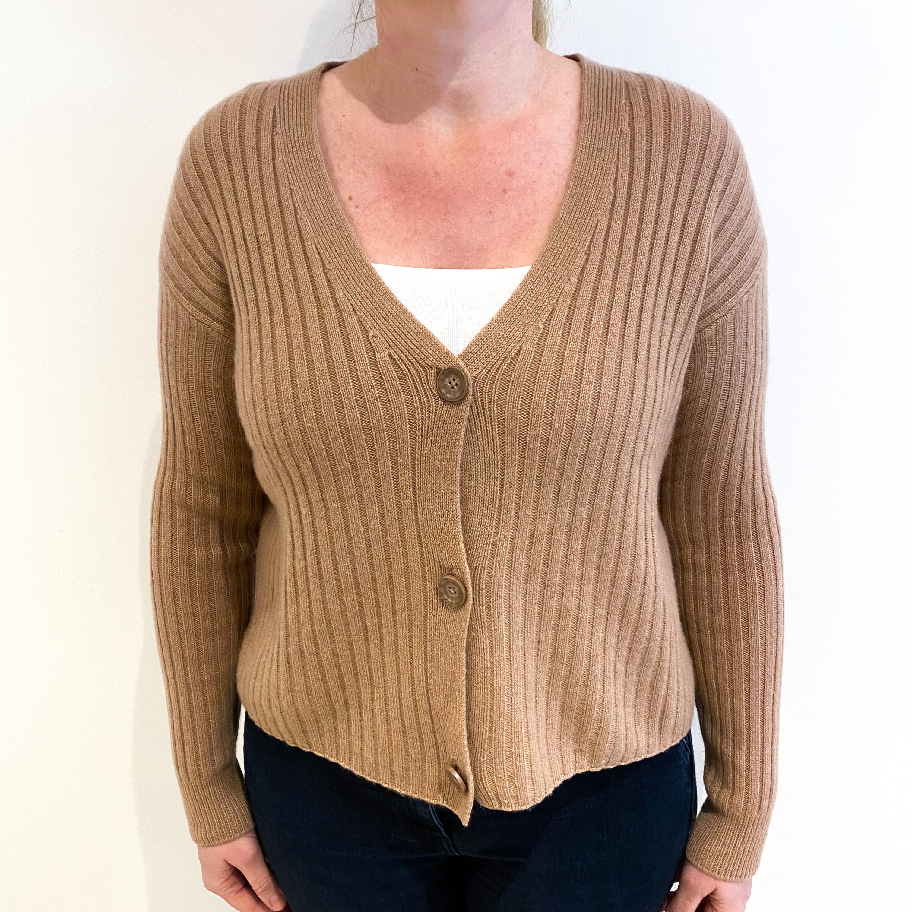 Blush Brown Ribbed Cashmere V Neck Cardigan Large
