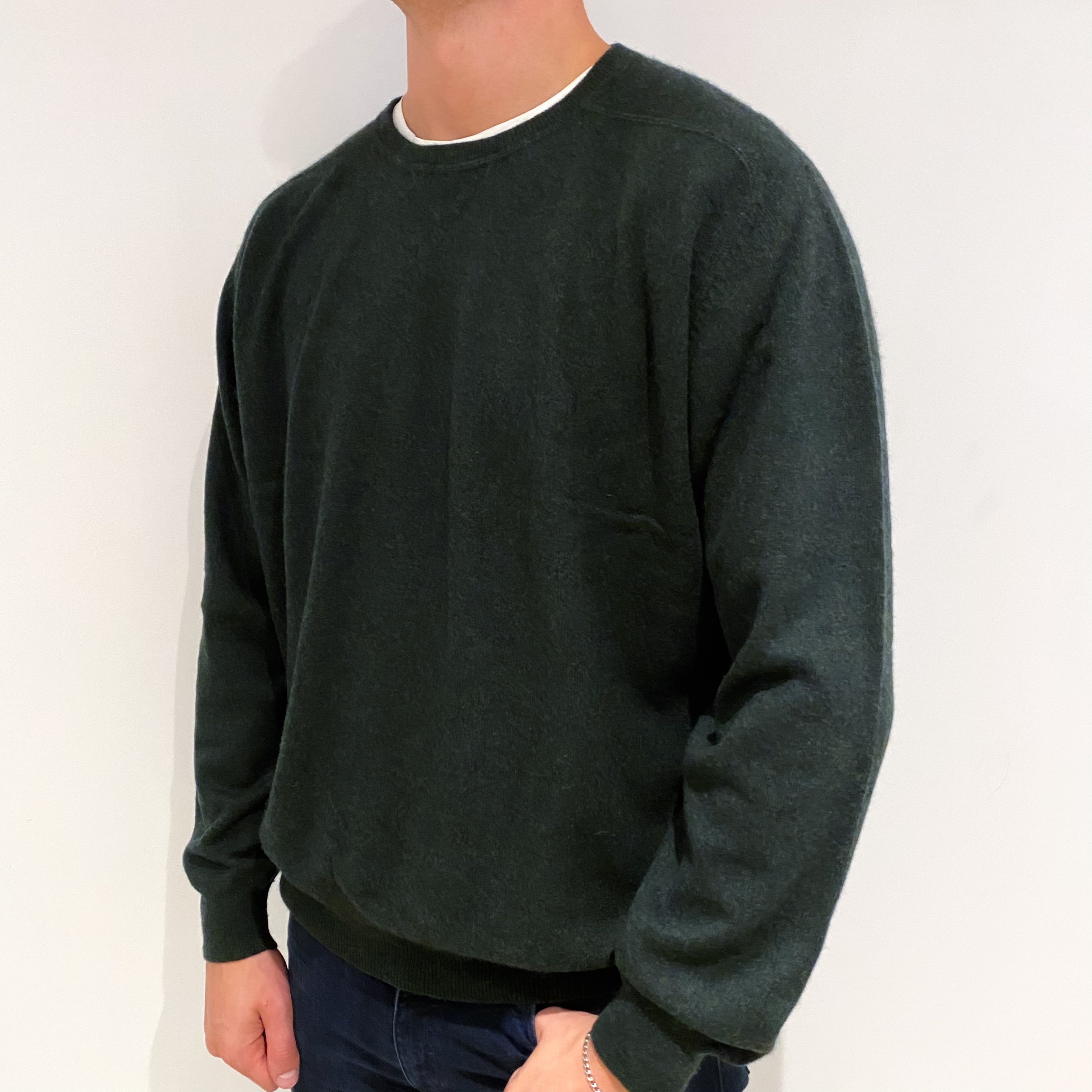 Men's Dark Khaki Green Cashmere Crew Neck Jumper Extra Extra Large