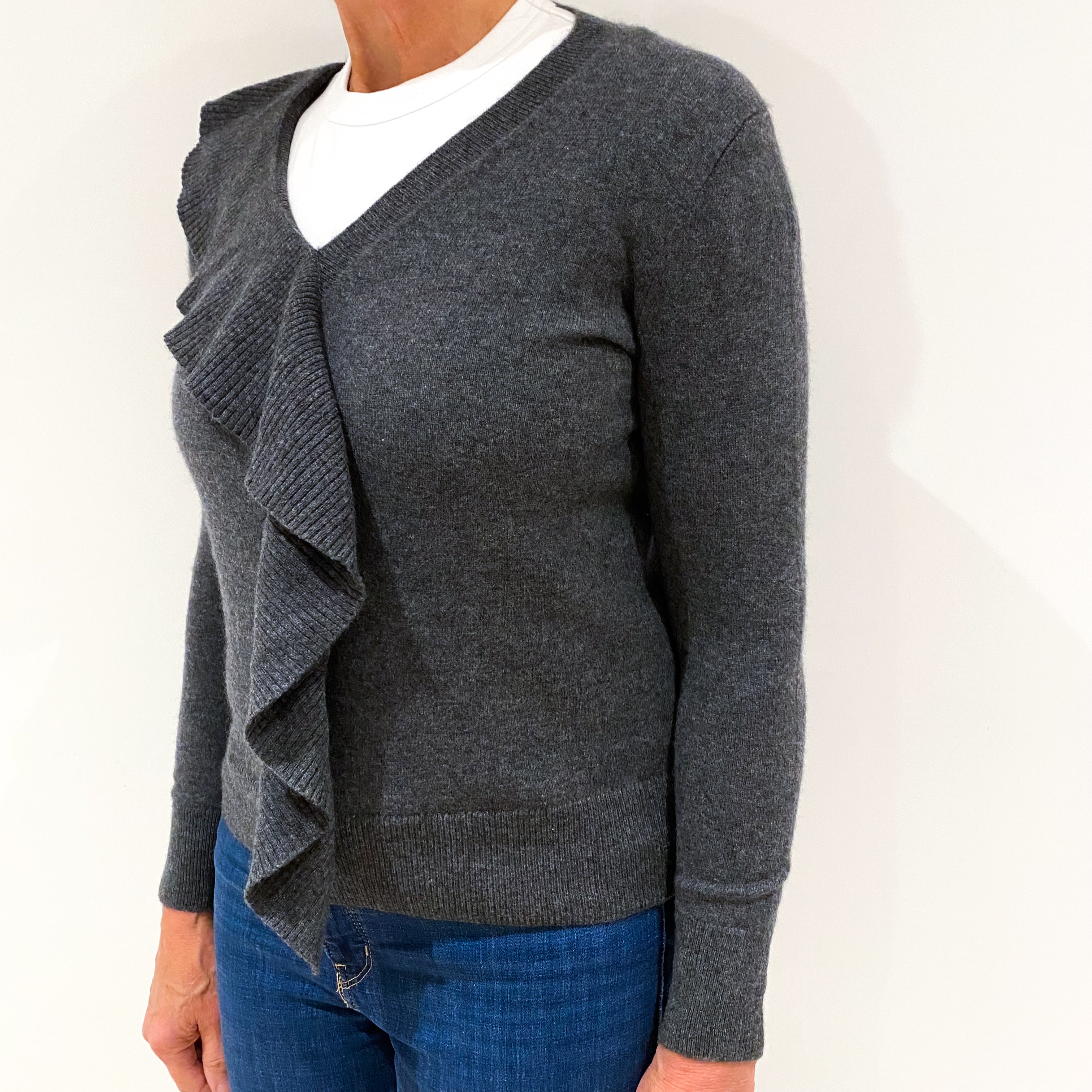 Slate Grey Cashmere V-Neck Jumper Medium