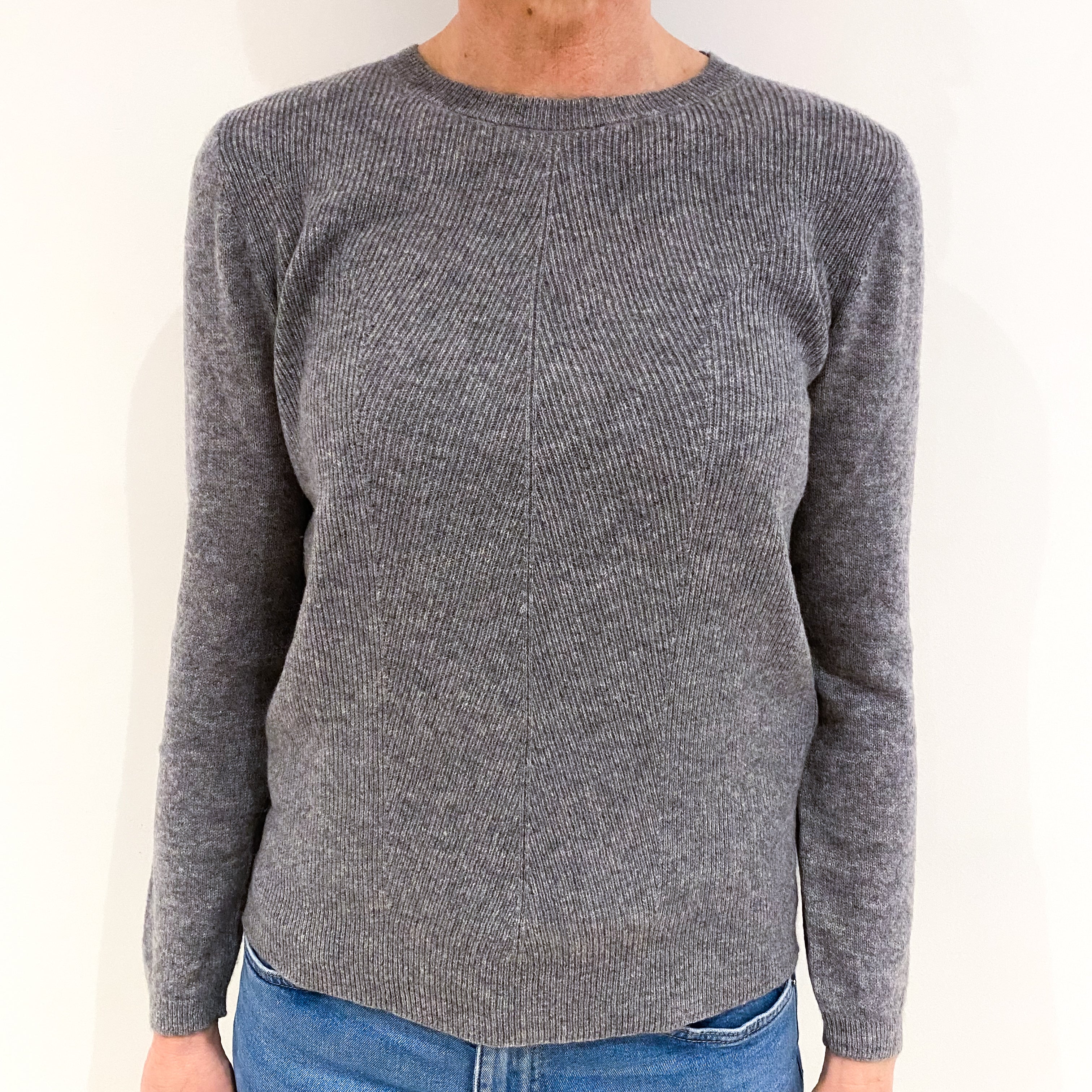 Ash Grey Cashmere Crew Neck Ribbed Front Jumper Small