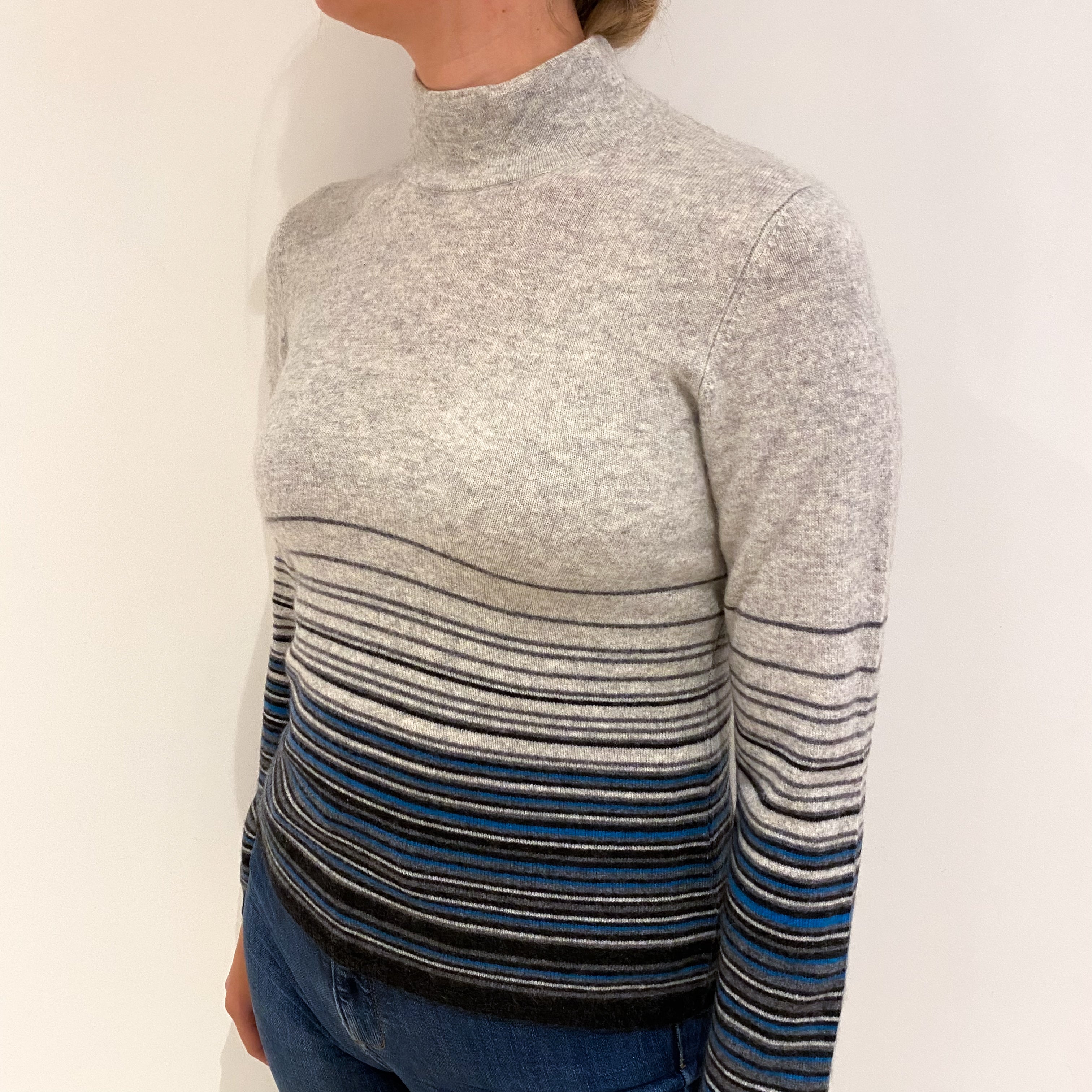Grey and Blue Stripe Cashmere Turtle Neck Jumper Small