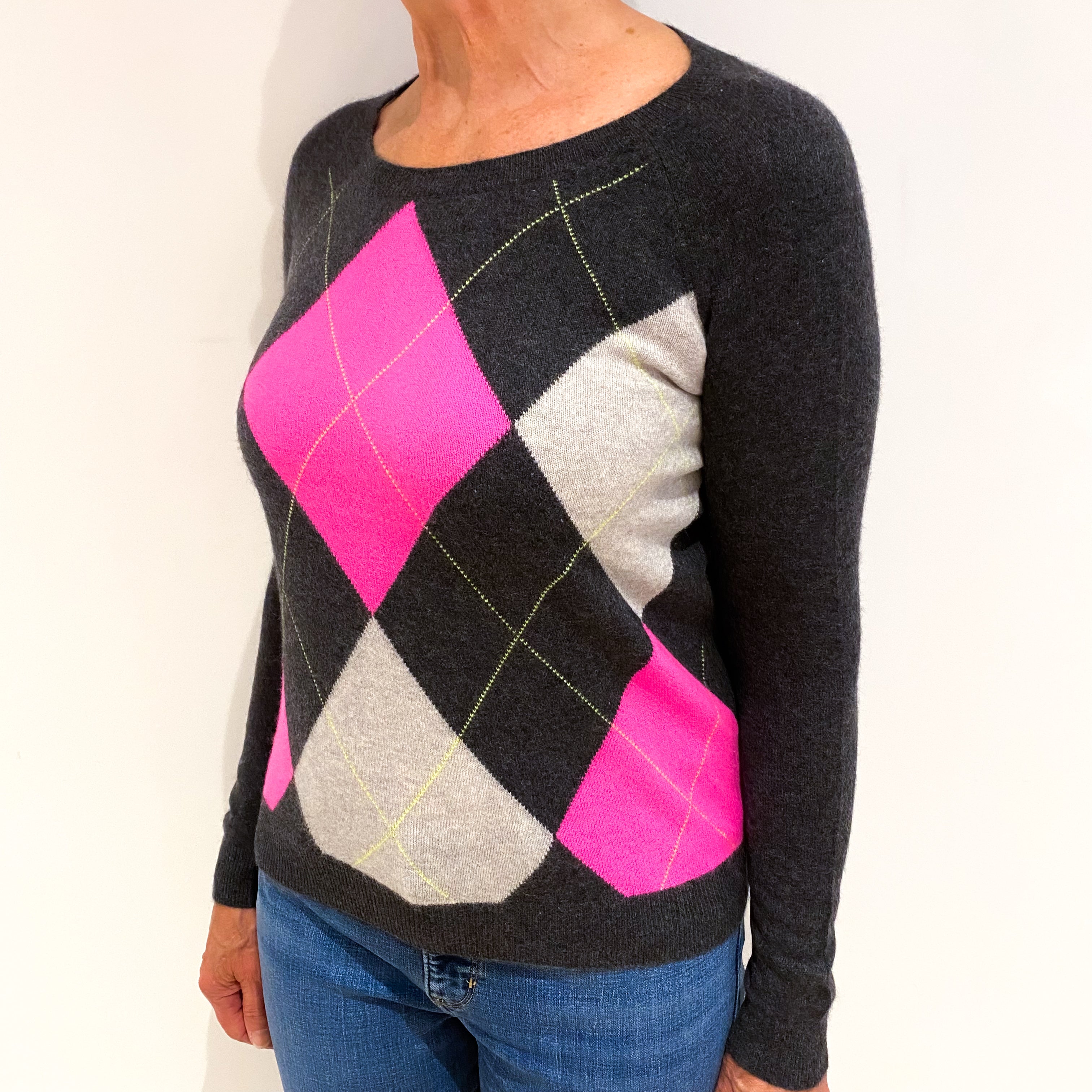 Charcoal Grey Diamond Cashmere Crew Neck Jumper Medium