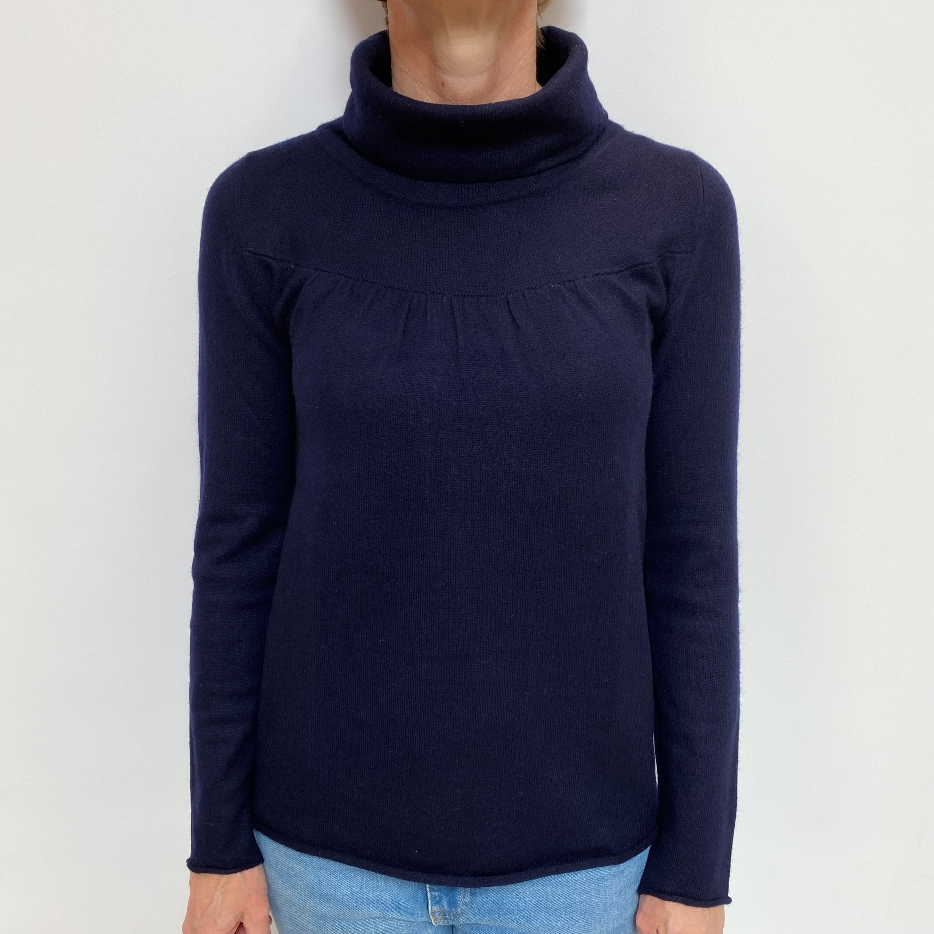 Navy Cashmere Ruched Detail Polo Neck Jumper Small