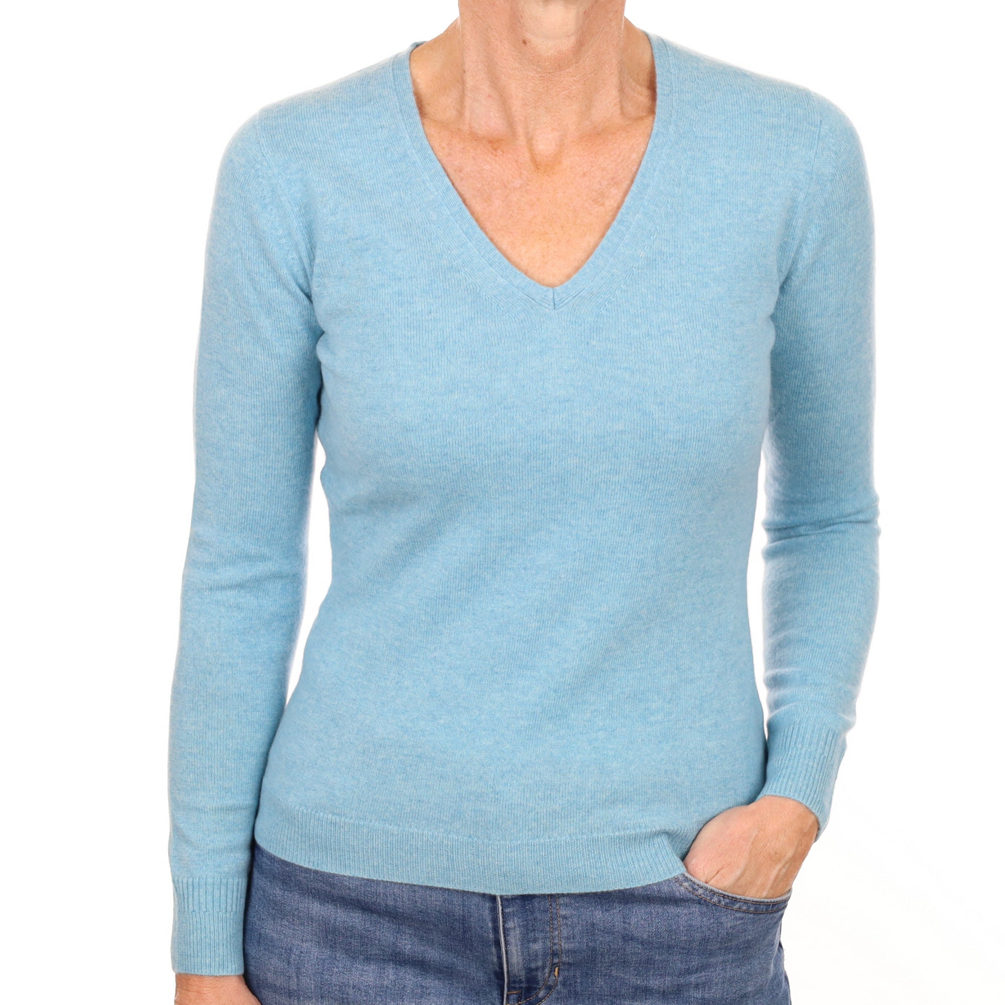 New Opal Blue Cashmere V Neck Jumper Small