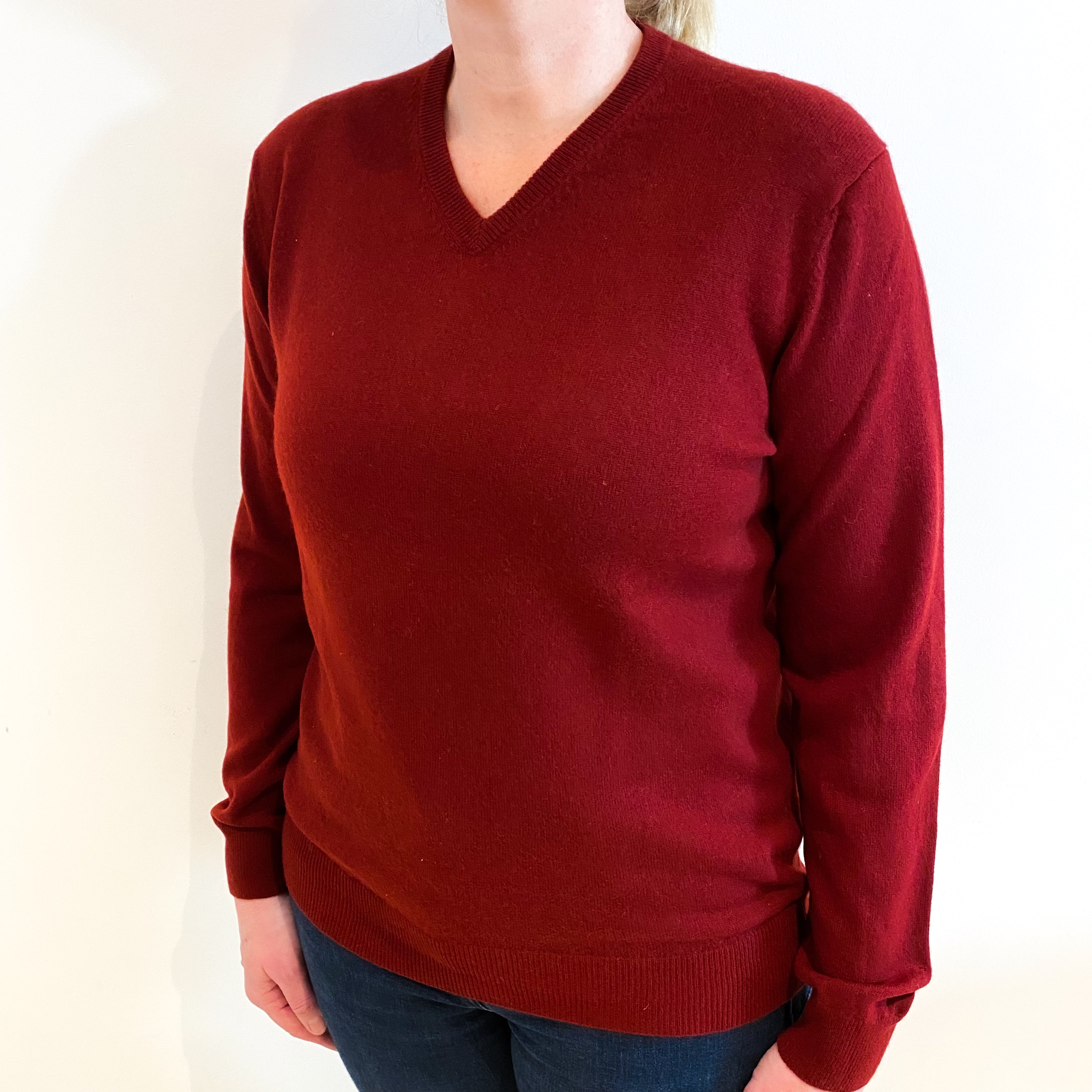 Maroon Red Cashmere V Neck Jumper Large
