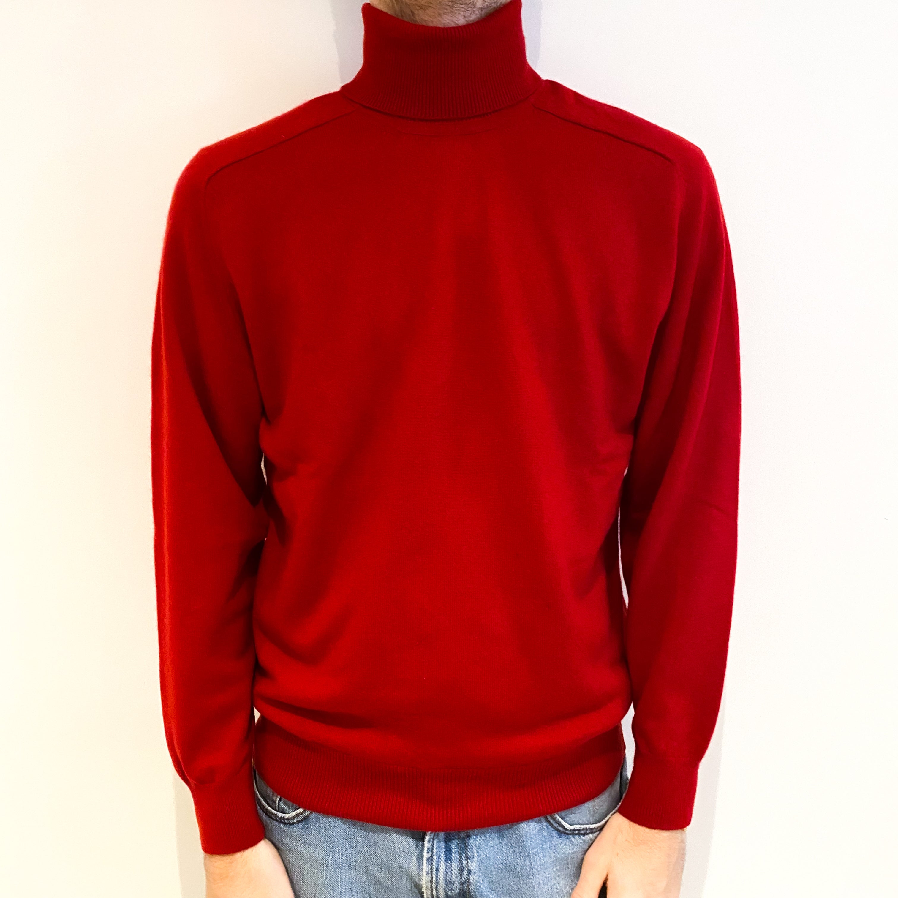 Men's Scarlet Red Cashmere Polo Neck Jumper Large