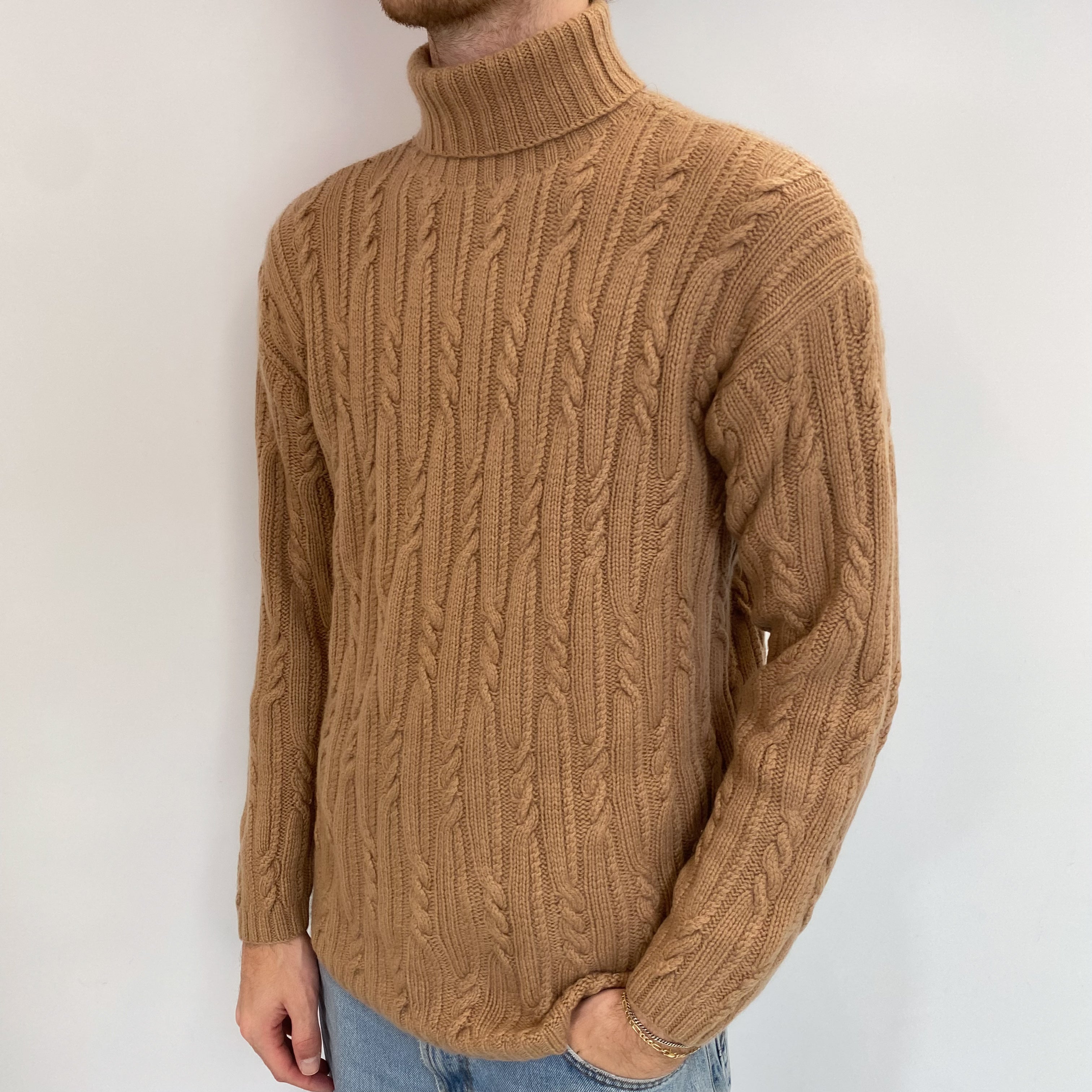 Men's Caramel Brown Cashmere Polo Neck Jumper Medium
