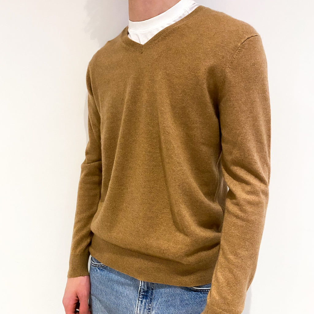Men's Toffee Brown Cashmere V-Neck Jumper Large