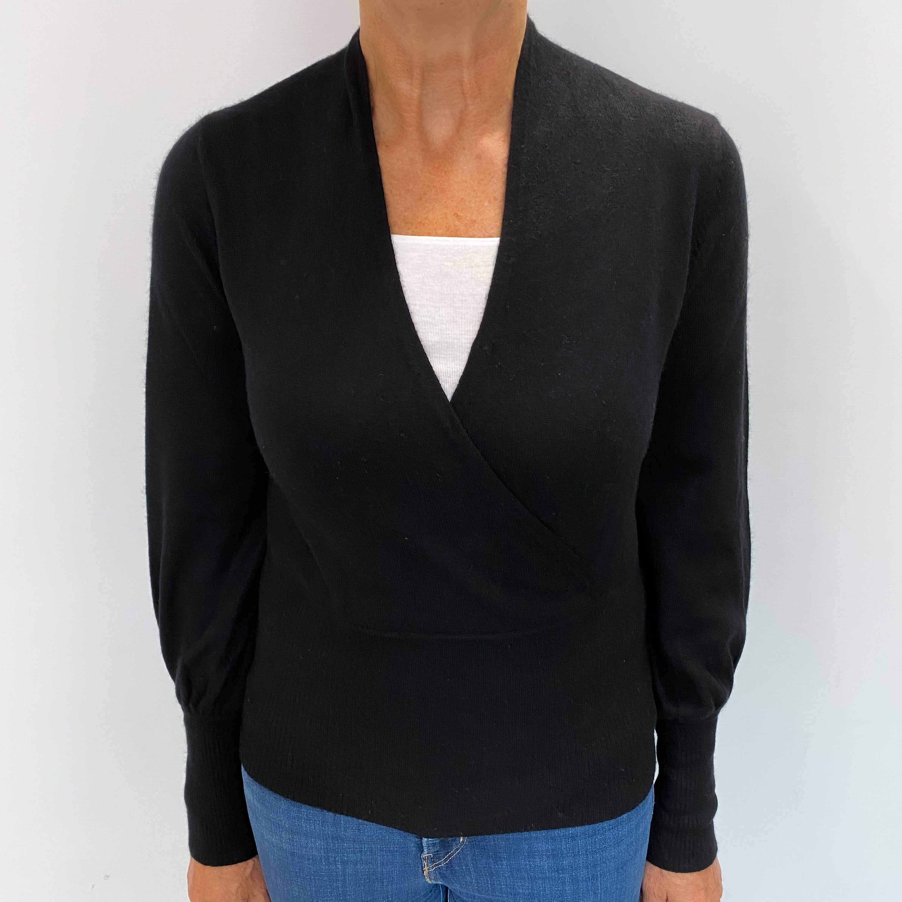 Black Cashmere V Neck Cross Over Jumper Medium