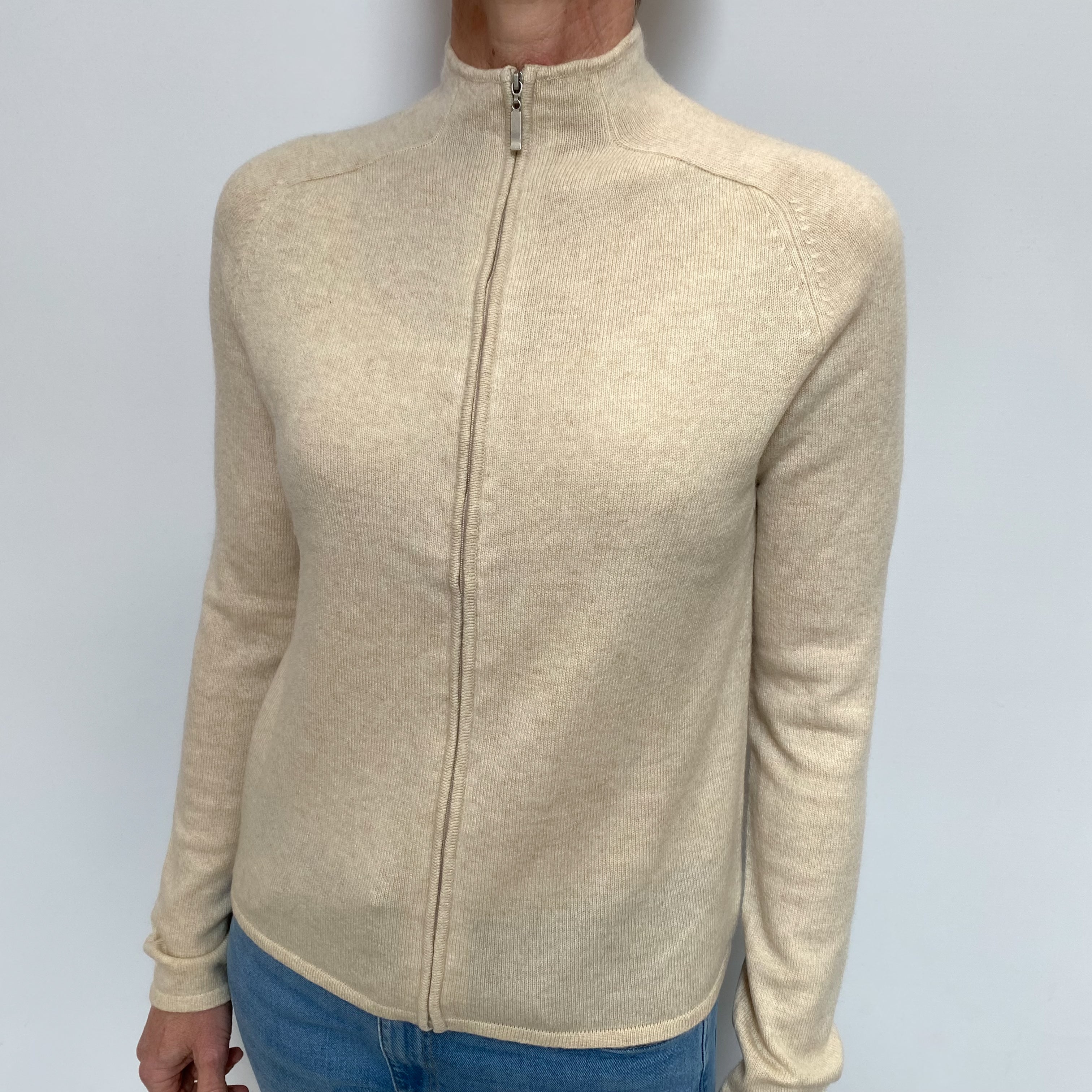 Oatmeal Cashmere Zip Up Funnel Neck Cardigan Small