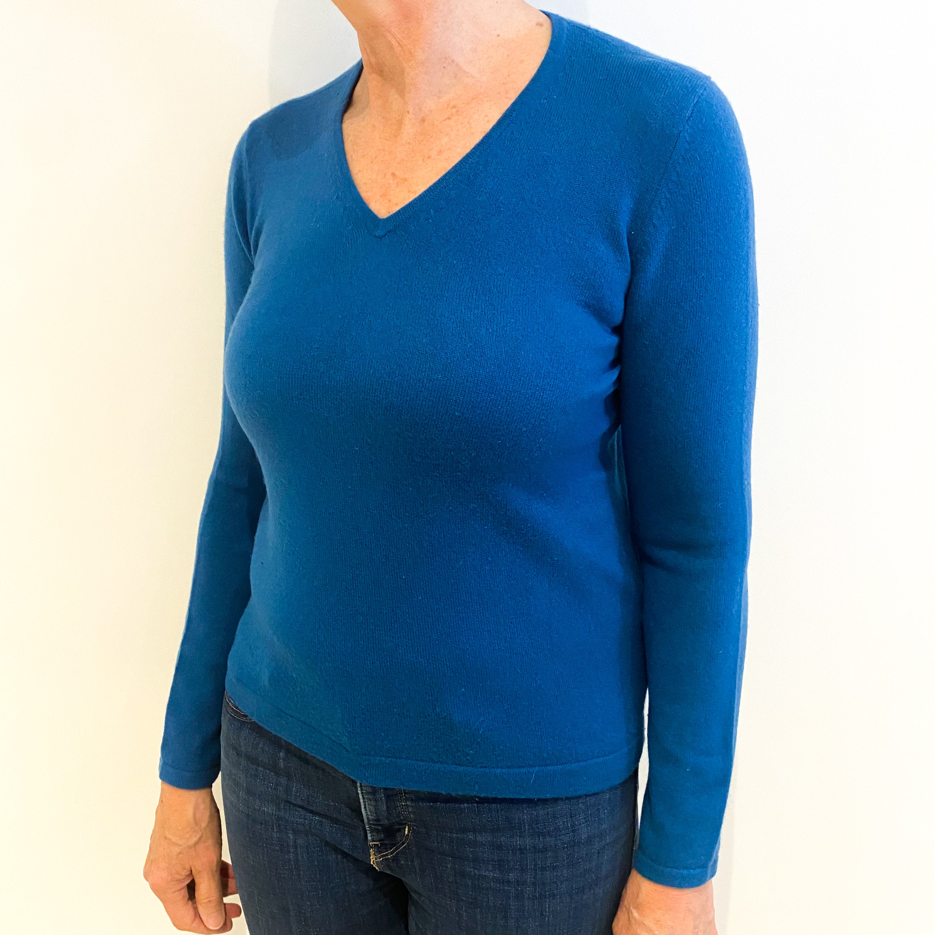 Teal Blue Cashmere V Neck Jumper Medium