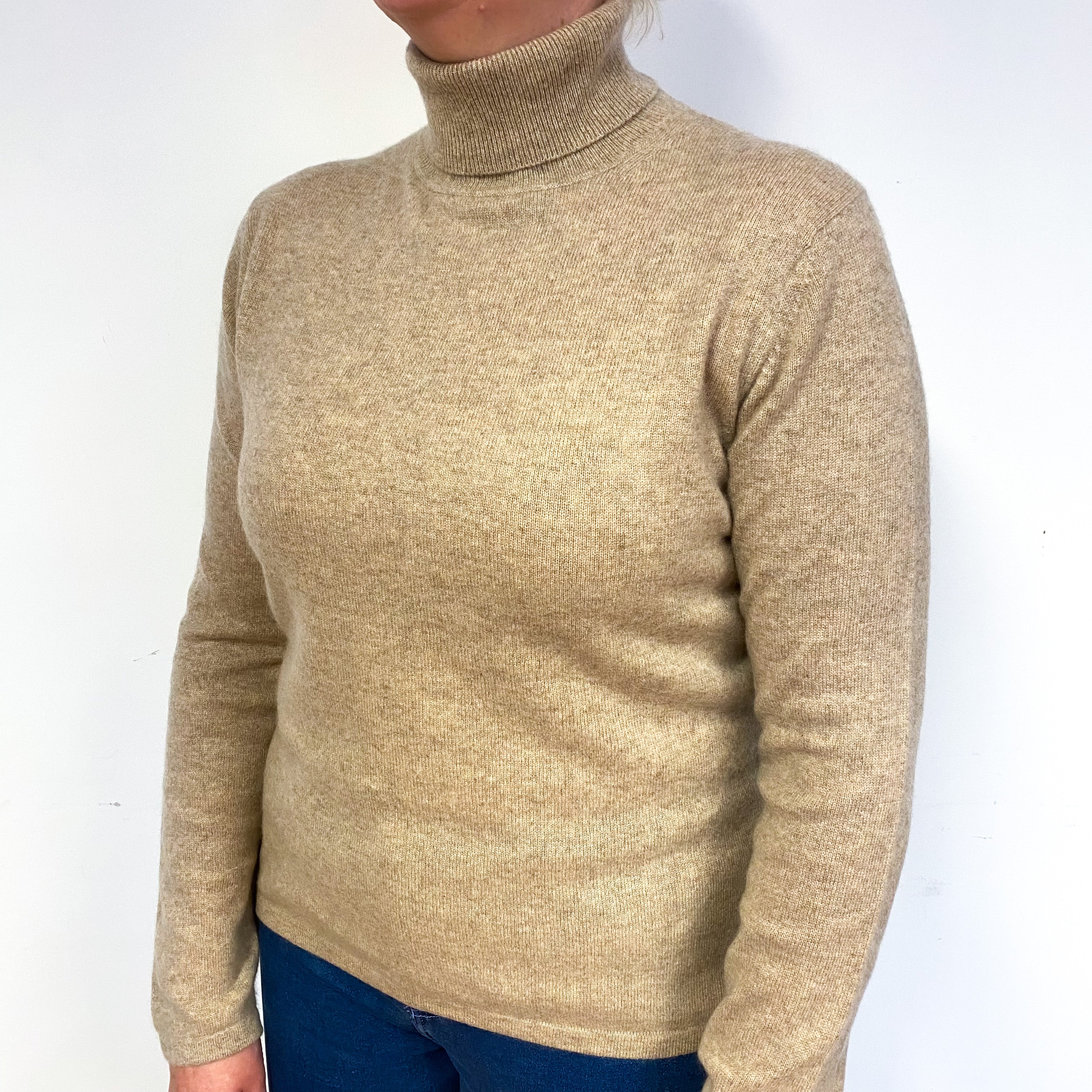 Biscuit Brown Cashmere Polo Neck Jumper Large