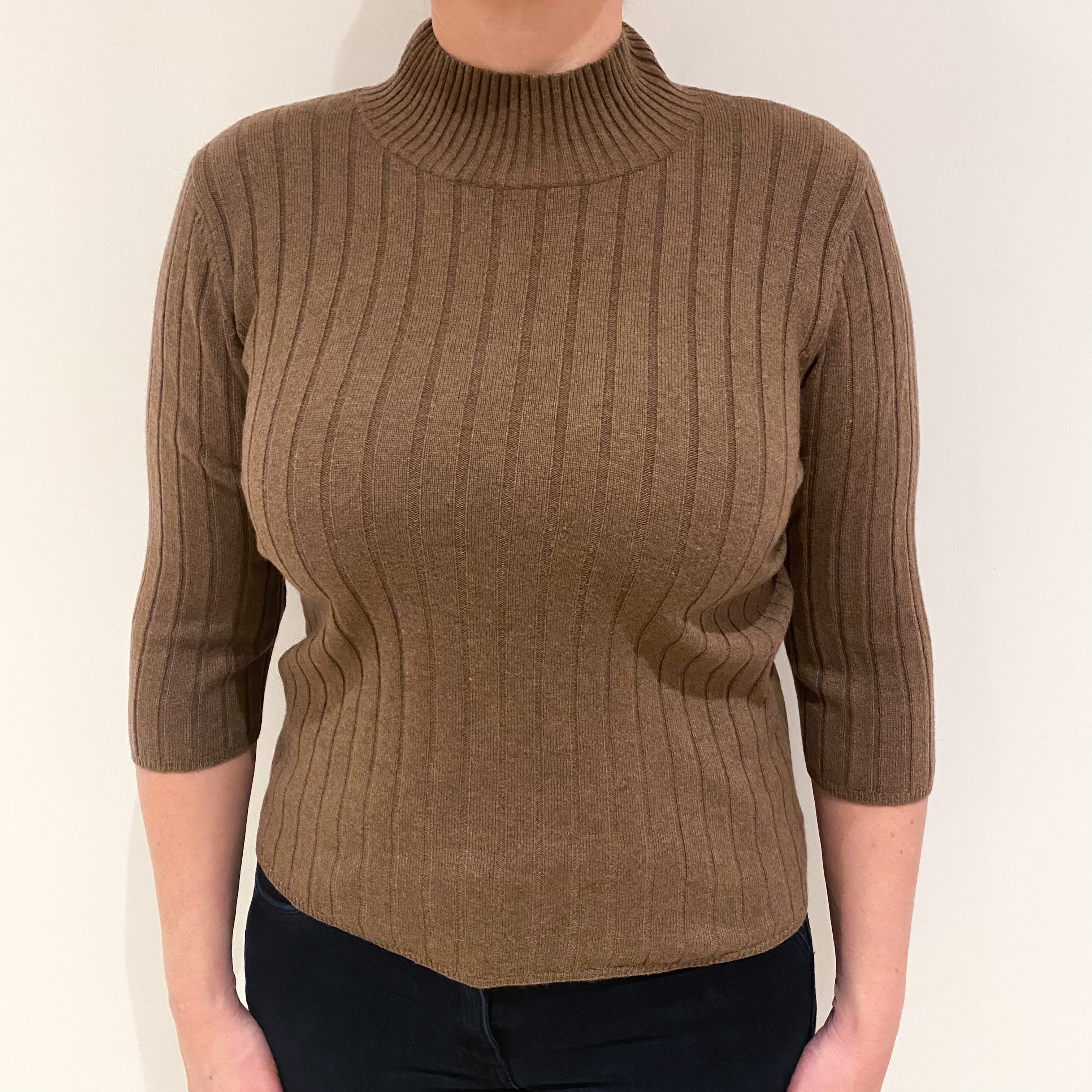 Mocha Brown 3/4 Sleeve Cashmere Turtle Neck Jumper Large