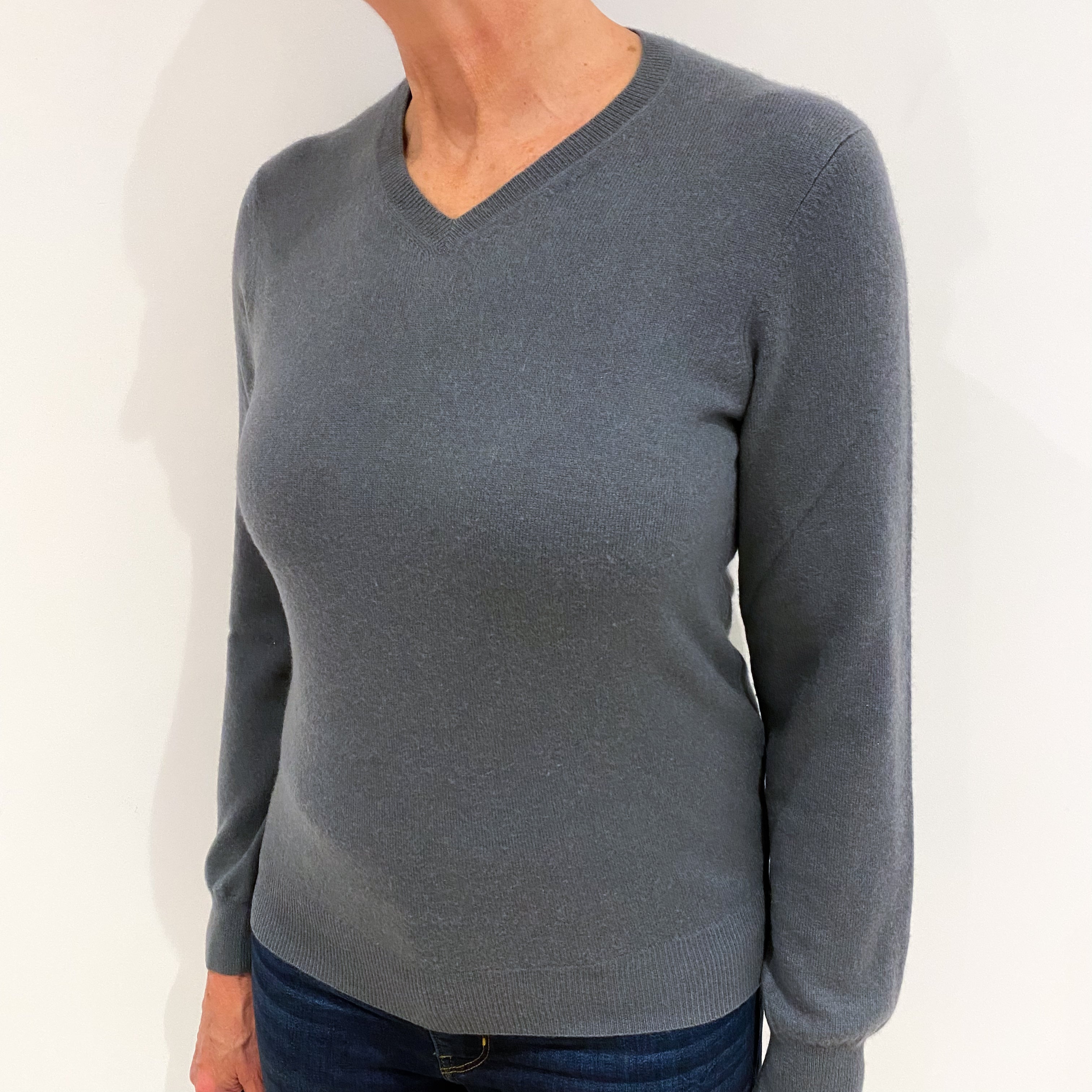 Slate Grey Cashmere V Neck Jumper Medium