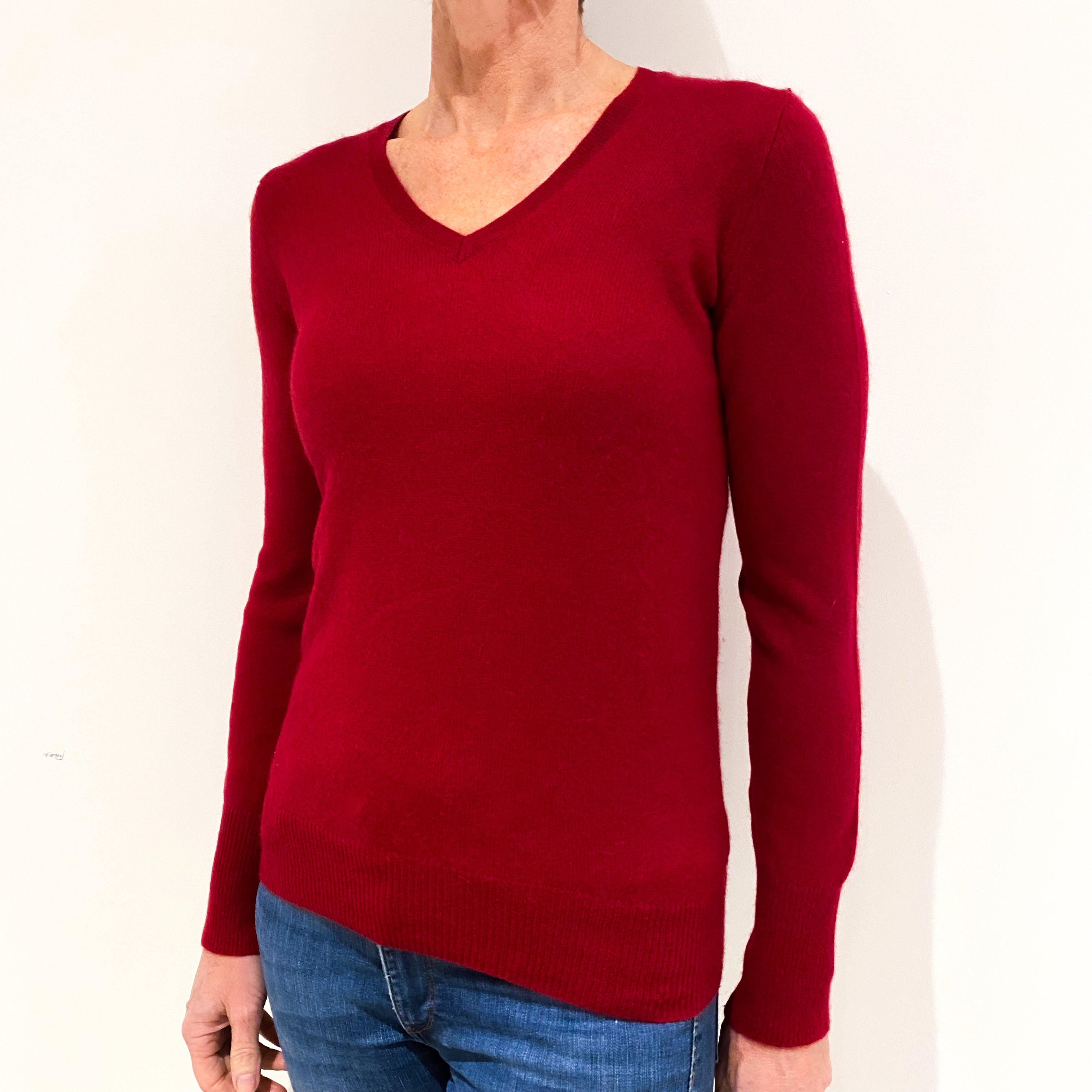 Crimson Red Cashmere V-Neck Jumper Small