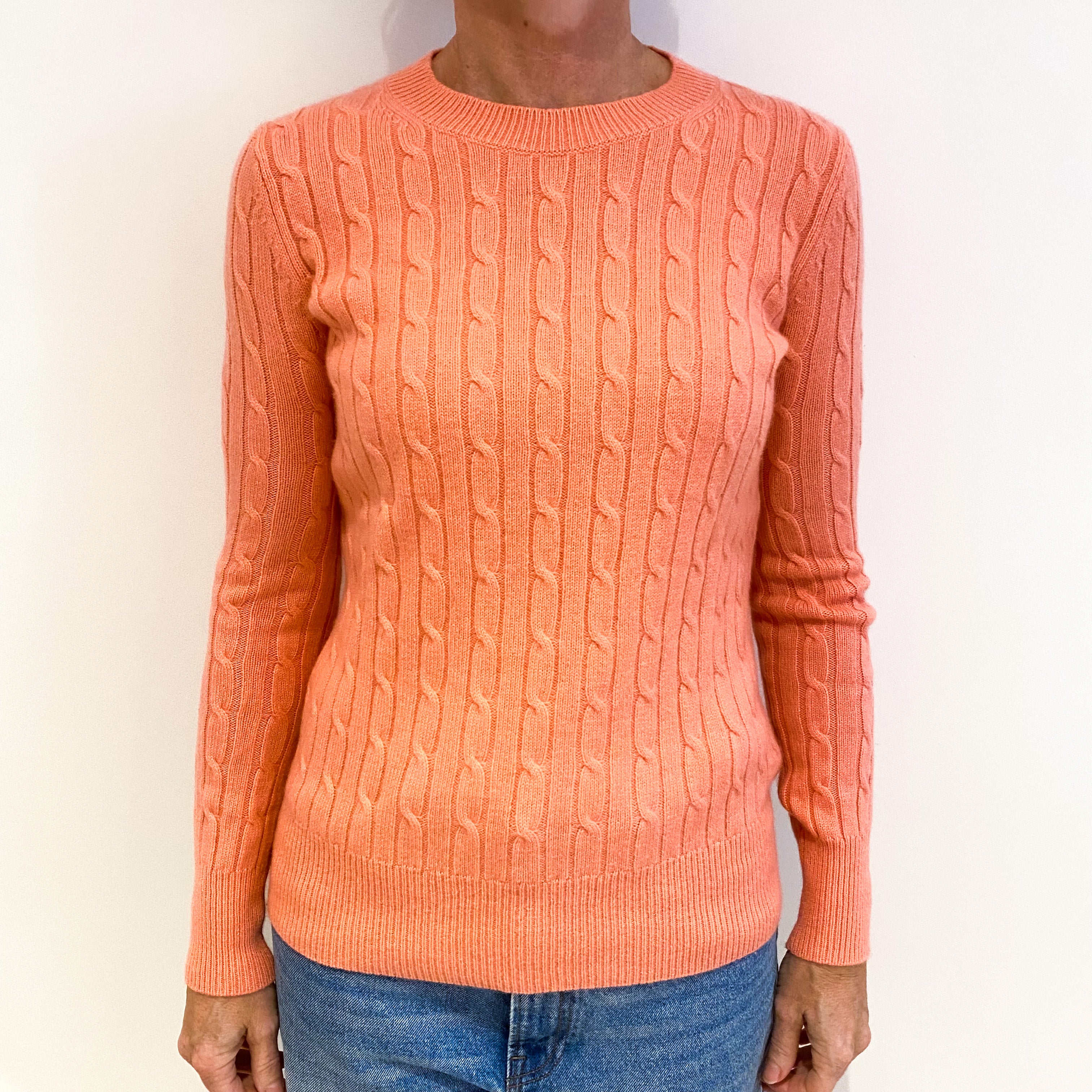 Flamingo Pink Cable Cashmere Crew Neck Jumper Small