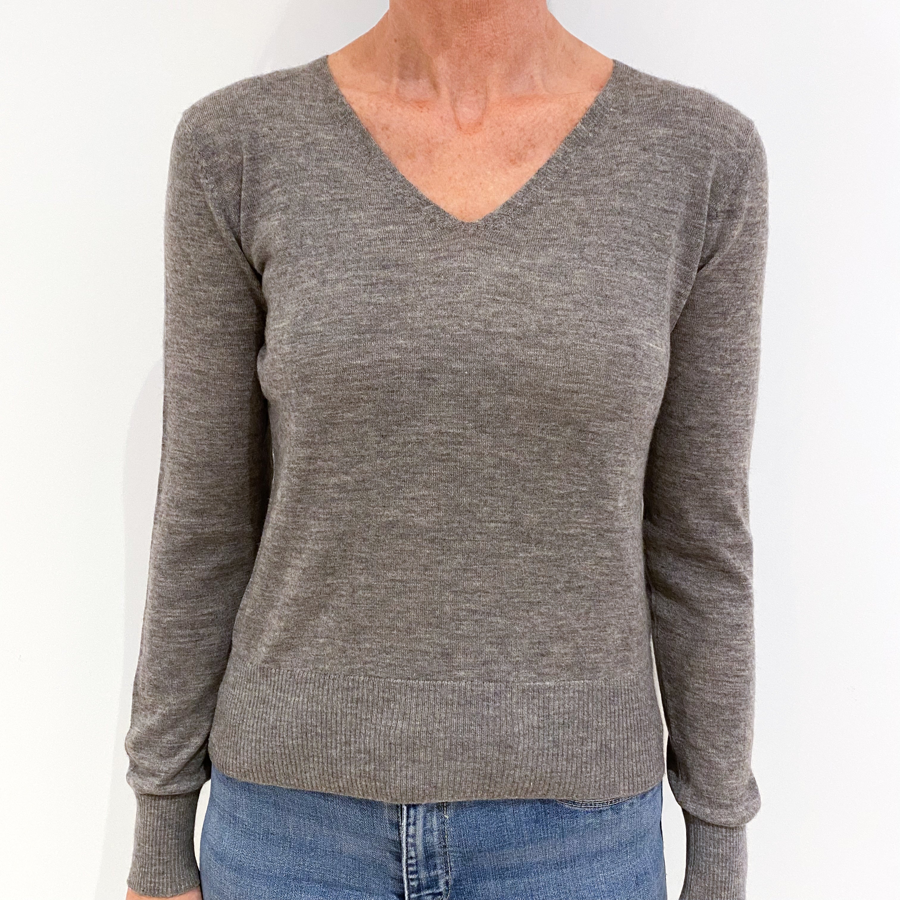 Ash Grey Fine Knit Cashmere V-Neck Jumper Small